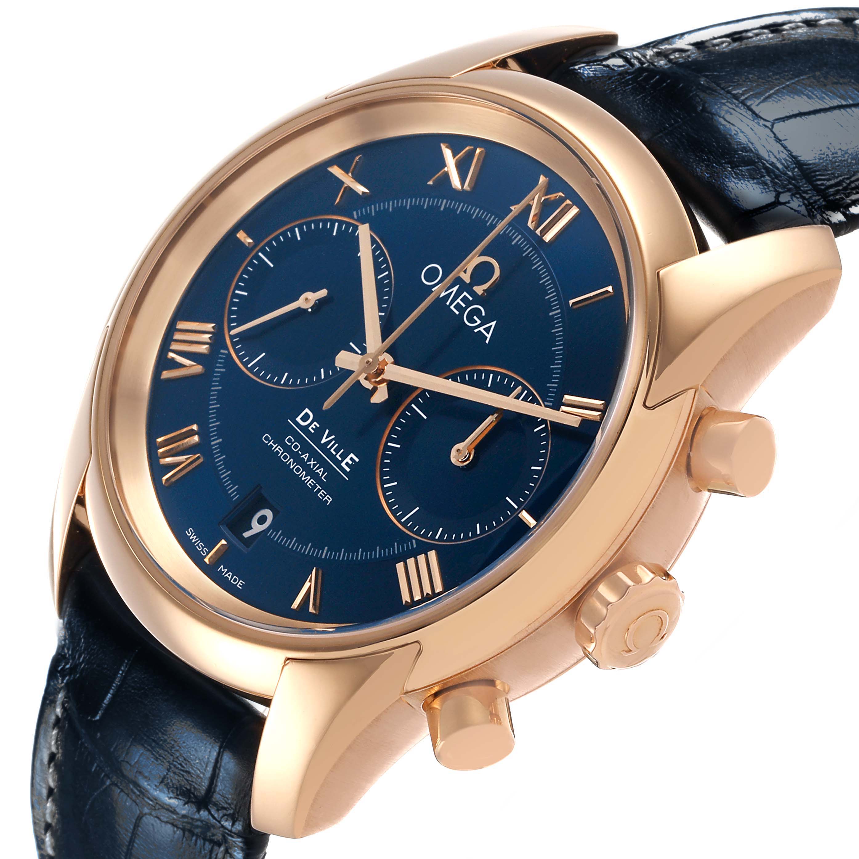 The Omega De Ville 83149 Men's Rose Gold Blue Dial watch is shown at an angle highlighting the face, bezel, side chronograph buttons, and a leather strap.