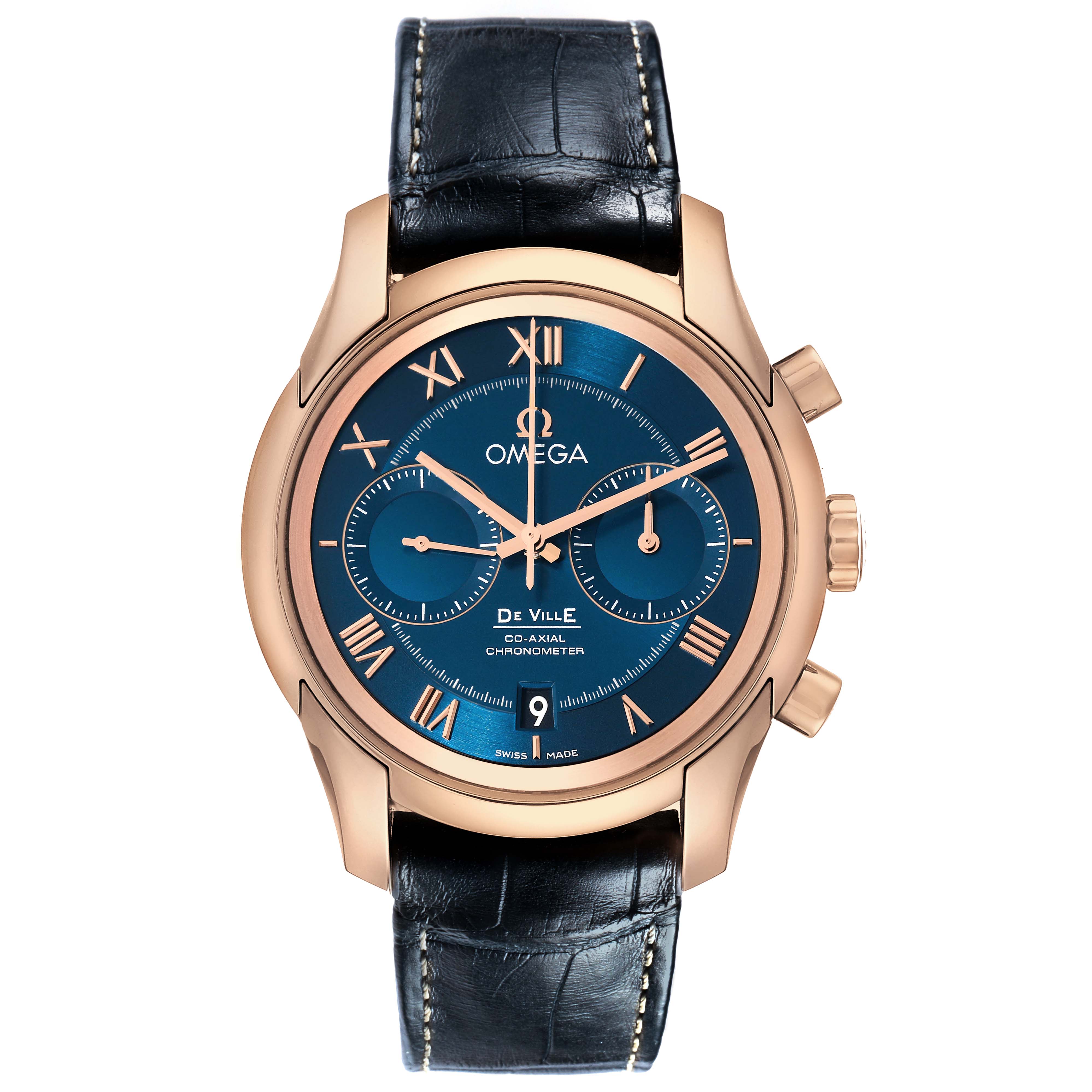 The Omega De Ville 83149 Men's Rose Gold Blue Dial watch is shown from a top-down angle, displaying the dial, hands, and strap.