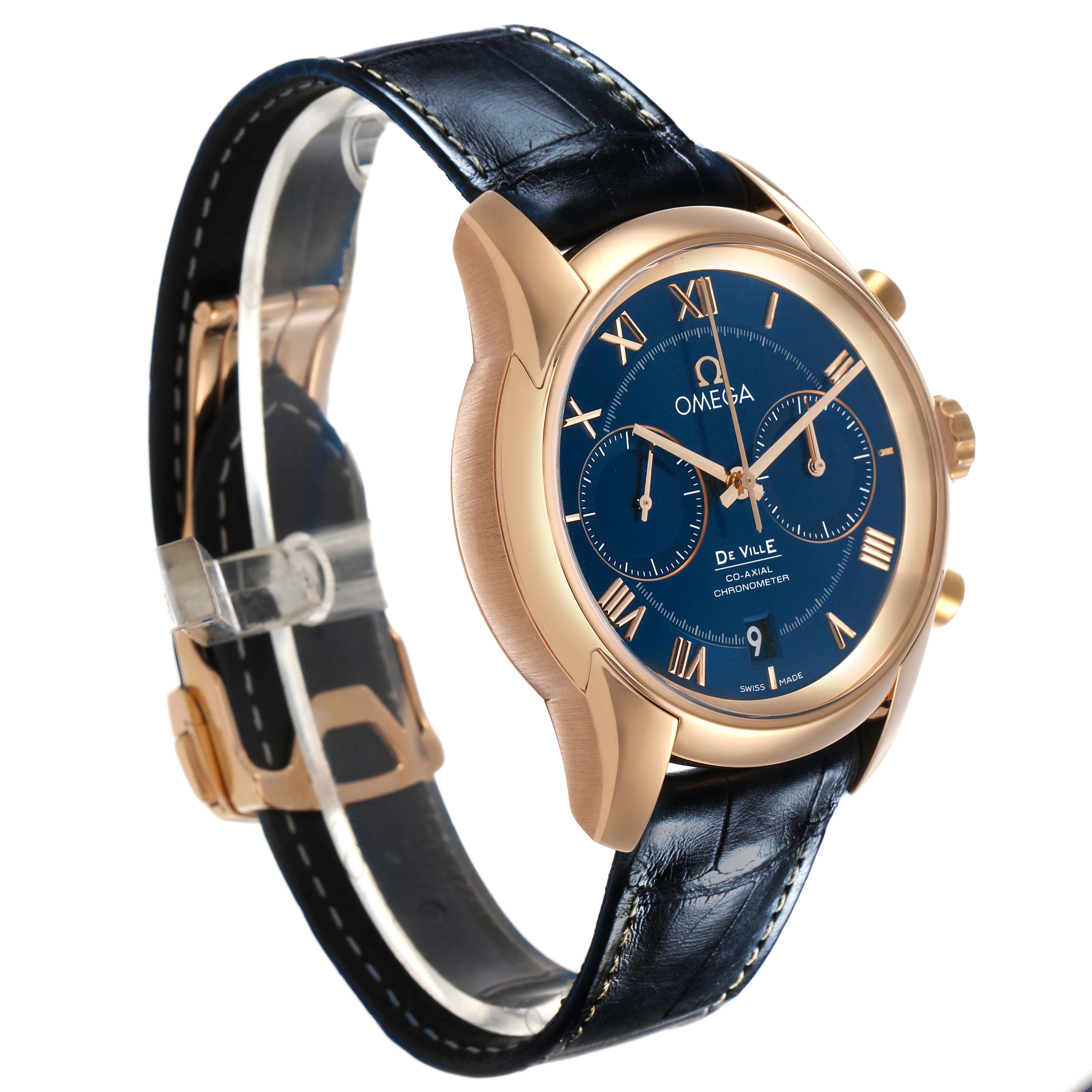 The Omega De Ville 83149 Men's Rose Gold Blue Dial watch is shown at a side angle highlighting the blue dial, gold case, and black leather strap.