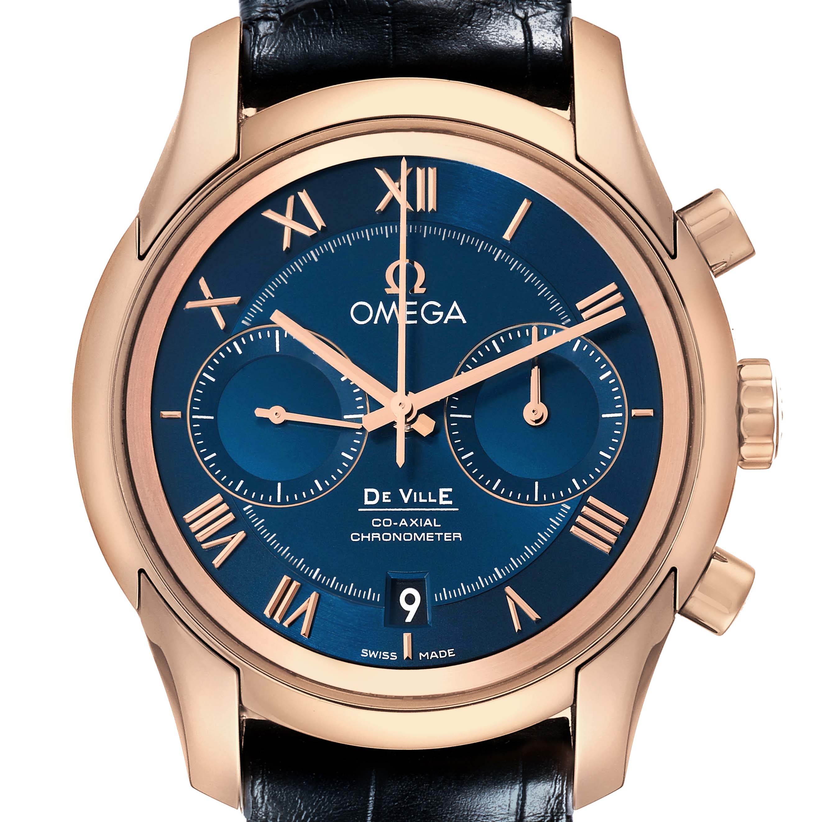 The Omega De Ville 83149 Men's Rose Gold Blue Dial watch is shown from the front, highlighting its dial, subdials, crown, and pushers.