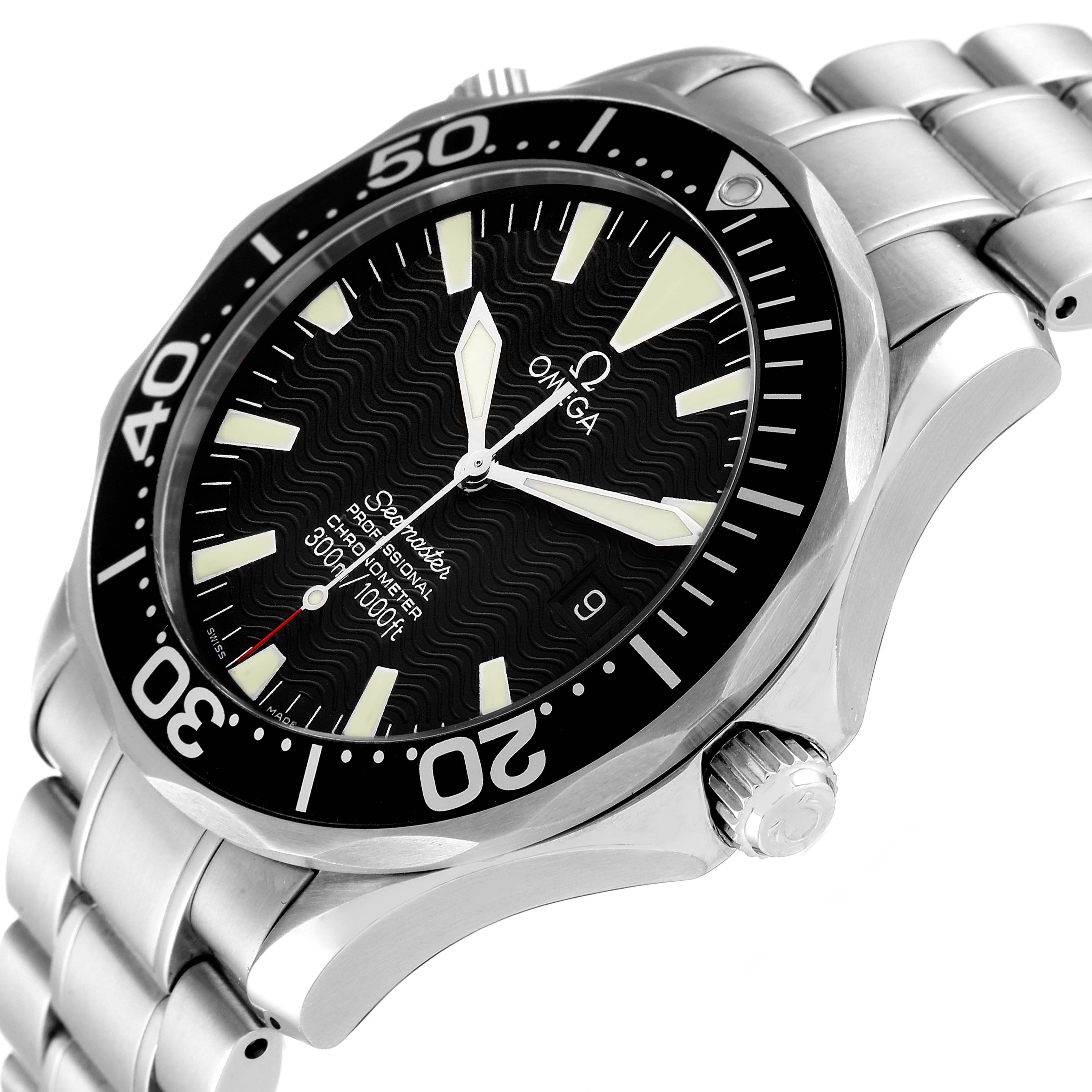 The image shows a close-up angled side view of the Omega Seamaster 2254.50.00 Men's Stainless Steel Black Dial 2254.50.00 Men's Stainless Steel Black Dial watch, highlighting the face, bezel, crown, and bracelet.