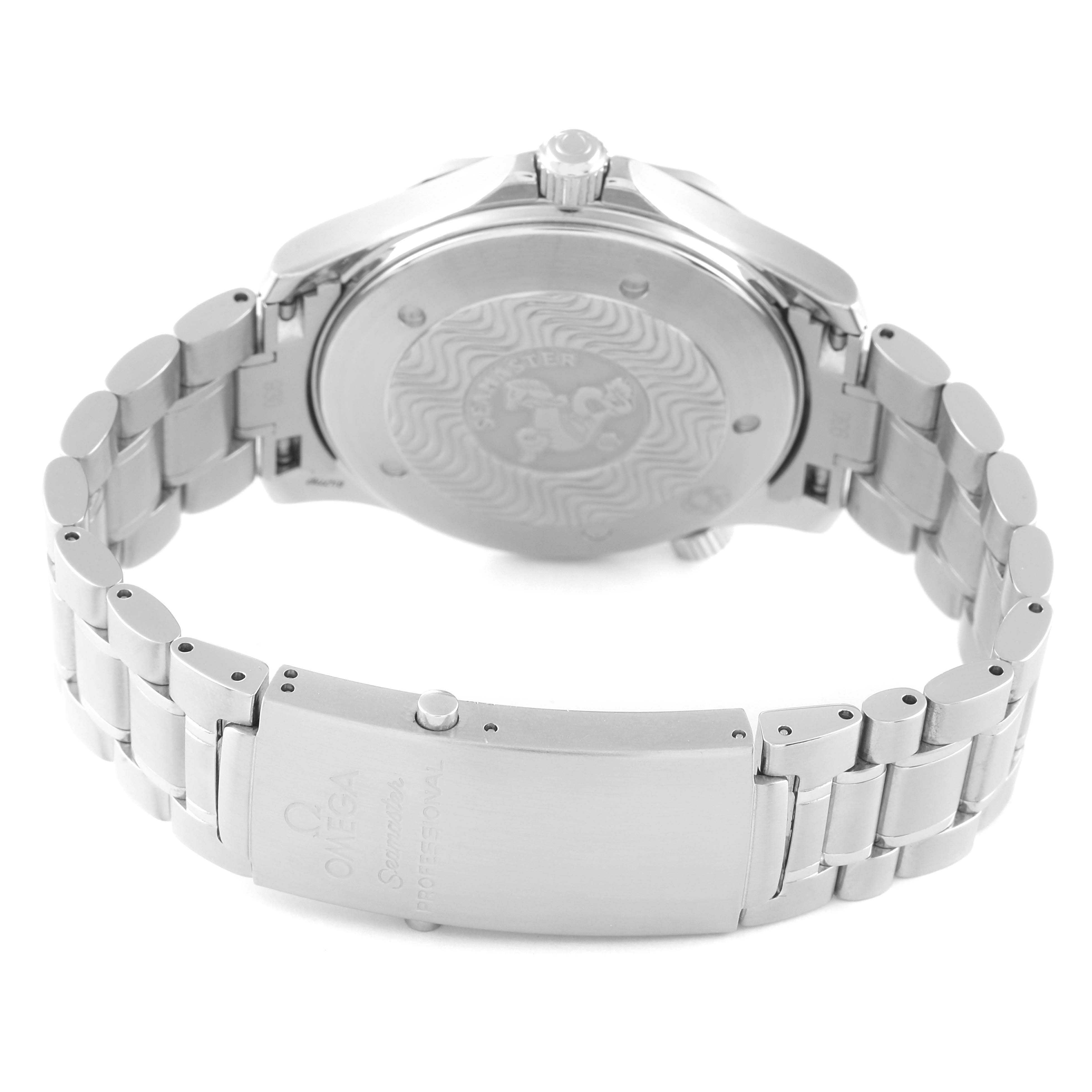 The image shows the back case and metal bracelet clasp of an Omega Seamaster 2254.50.00 Men's Stainless Steel Black Dial 2254.50.00 Men's Stainless Steel Black Dial watch.