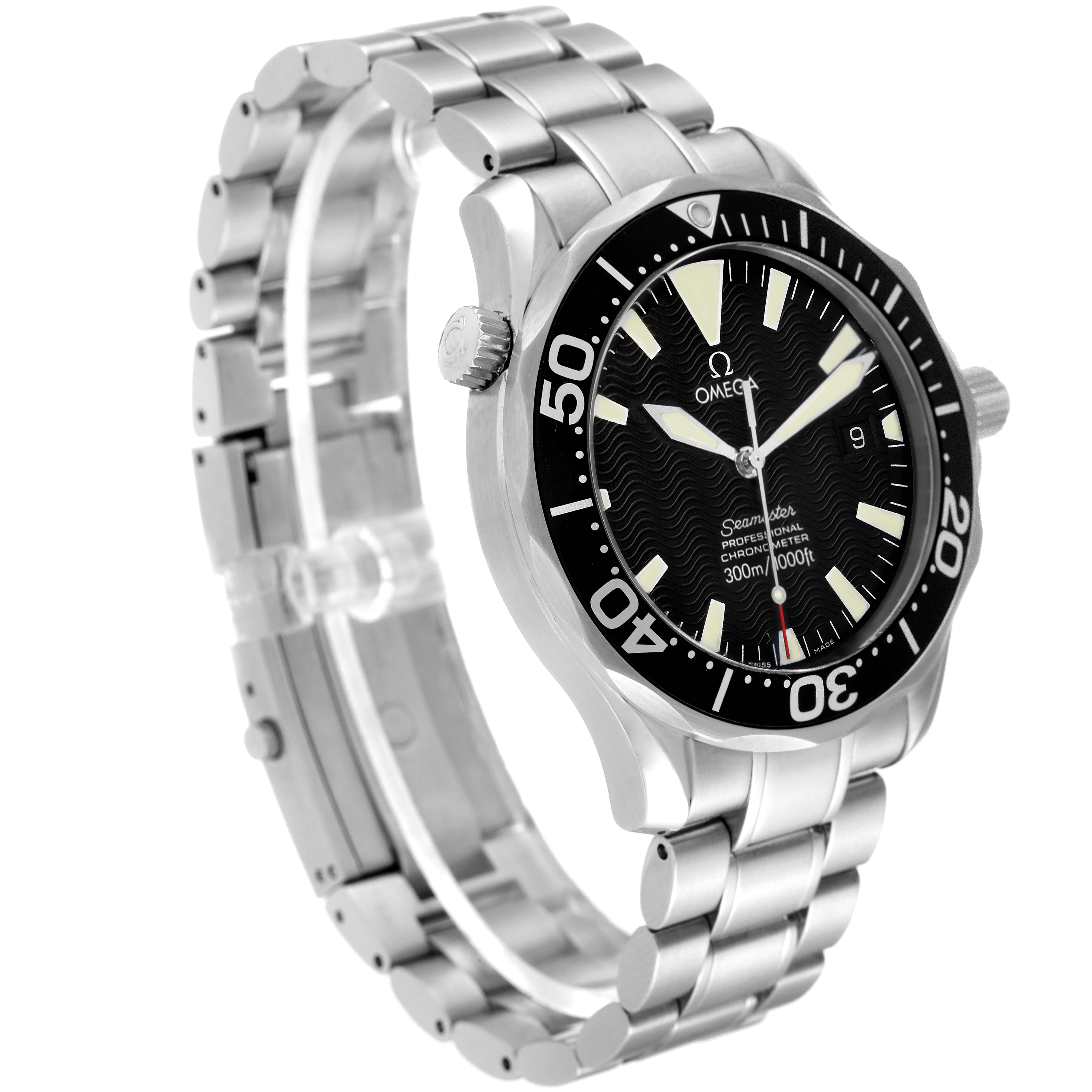 This image shows the Omega Seamaster 2254.50.00 Men's Stainless Steel Black Dial 2254.50.00 Men's Stainless Steel Black Dial watch from an angled side view, highlighting its dial, bezel, and stainless steel bracelet.