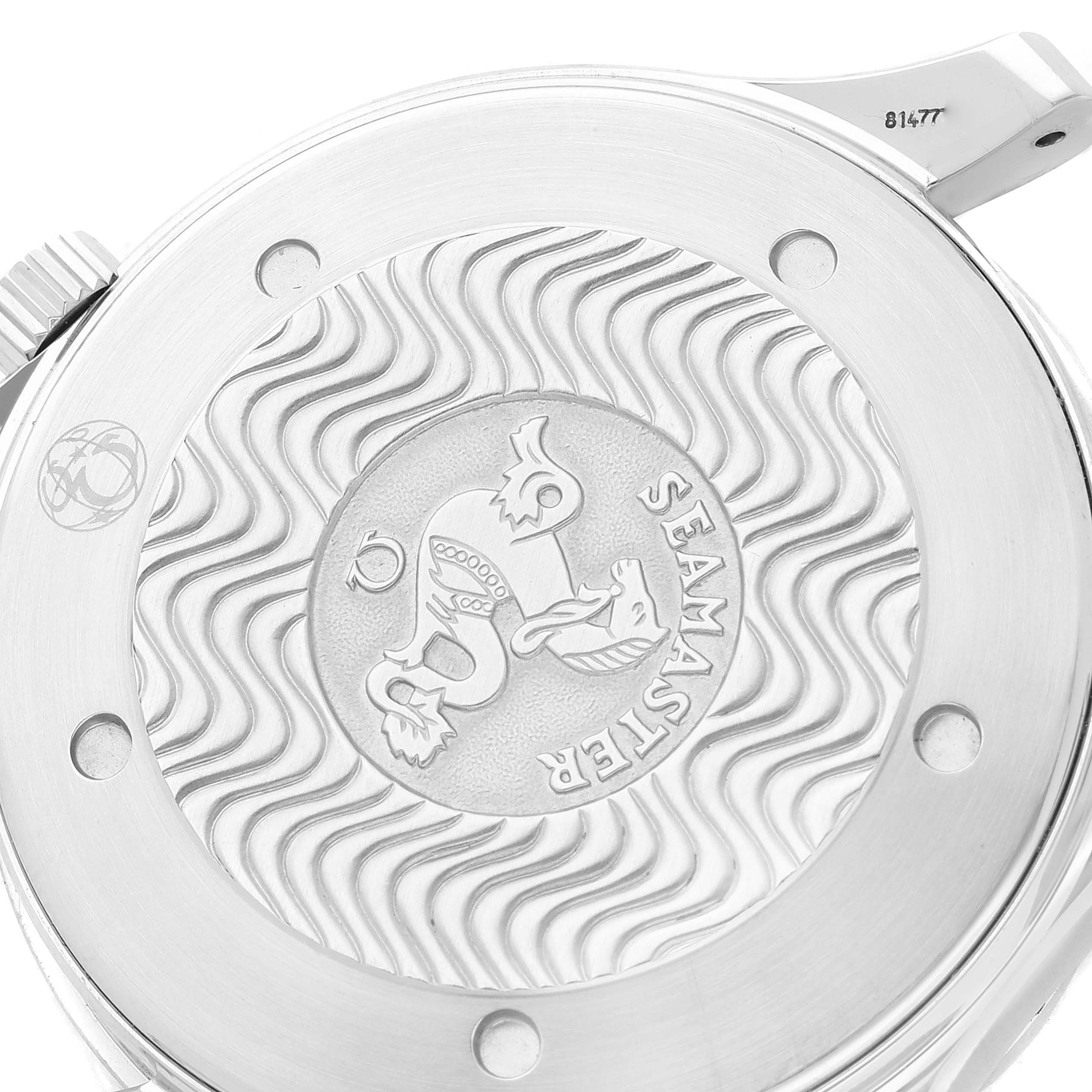 The image shows the case back of an Omega Seamaster 2254.50.00 Men's Stainless Steel Black Dial 2254.50.00 Men's Stainless Steel Black Dial watch, highlighting the engraved design and serial number.