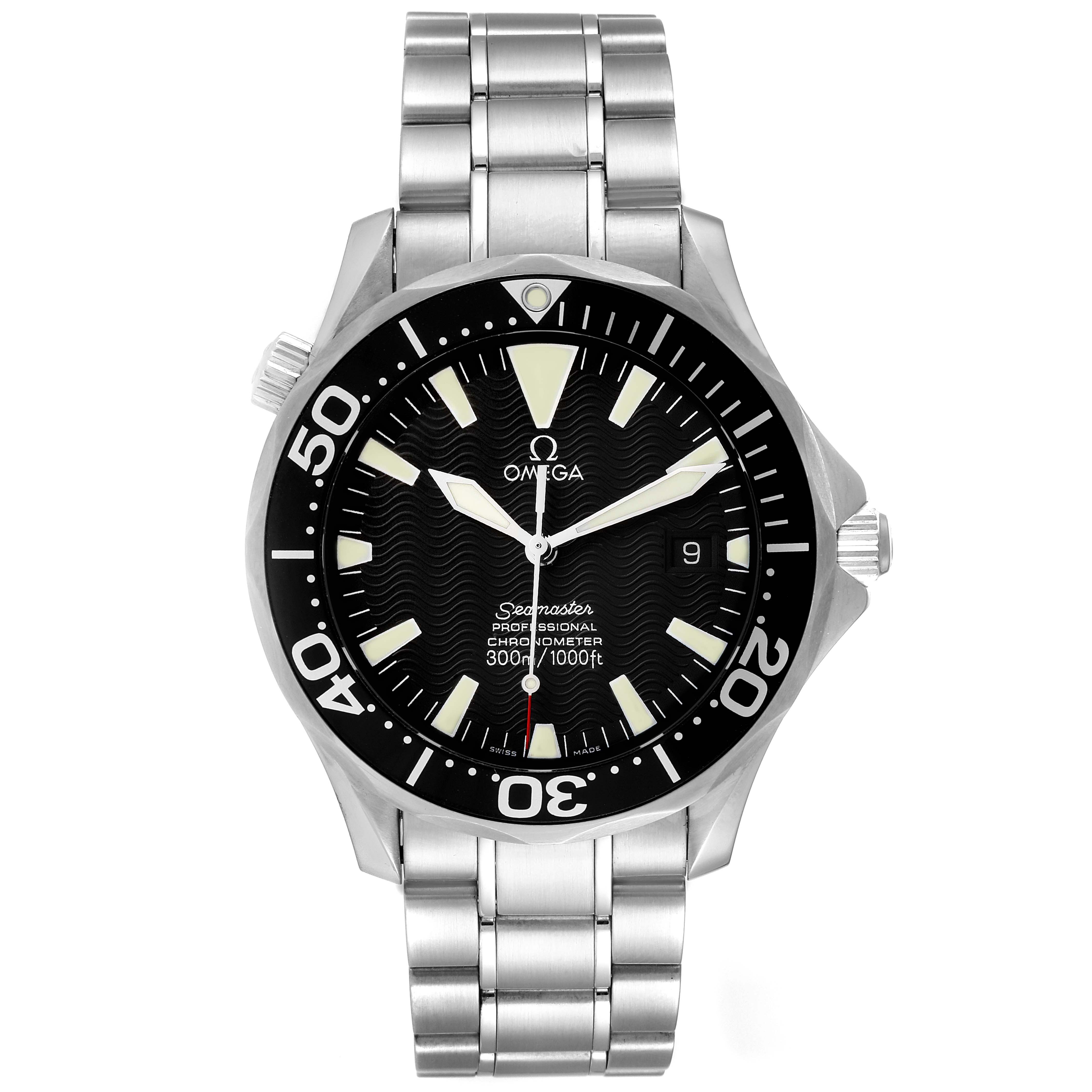 The image shows a front view of the Omega Seamaster 2254.50.00 Men's Stainless Steel Black Dial 2254.50.00 Men's Stainless Steel Black Dial watch, displaying its face, bezel, crown, and stainless steel bracelet.