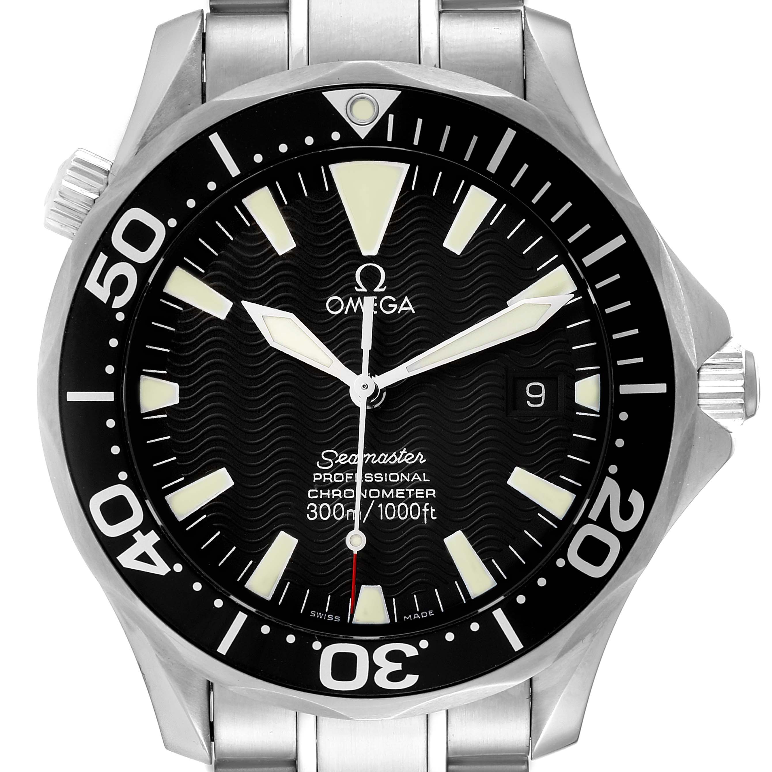 This image shows a front view of an Omega Seamaster 2254.50.00 Men's Stainless Steel Black Dial 2254.50.00 Men's Stainless Steel Black Dial watch, highlighting its black dial, bezel, and stainless steel bracelet.
