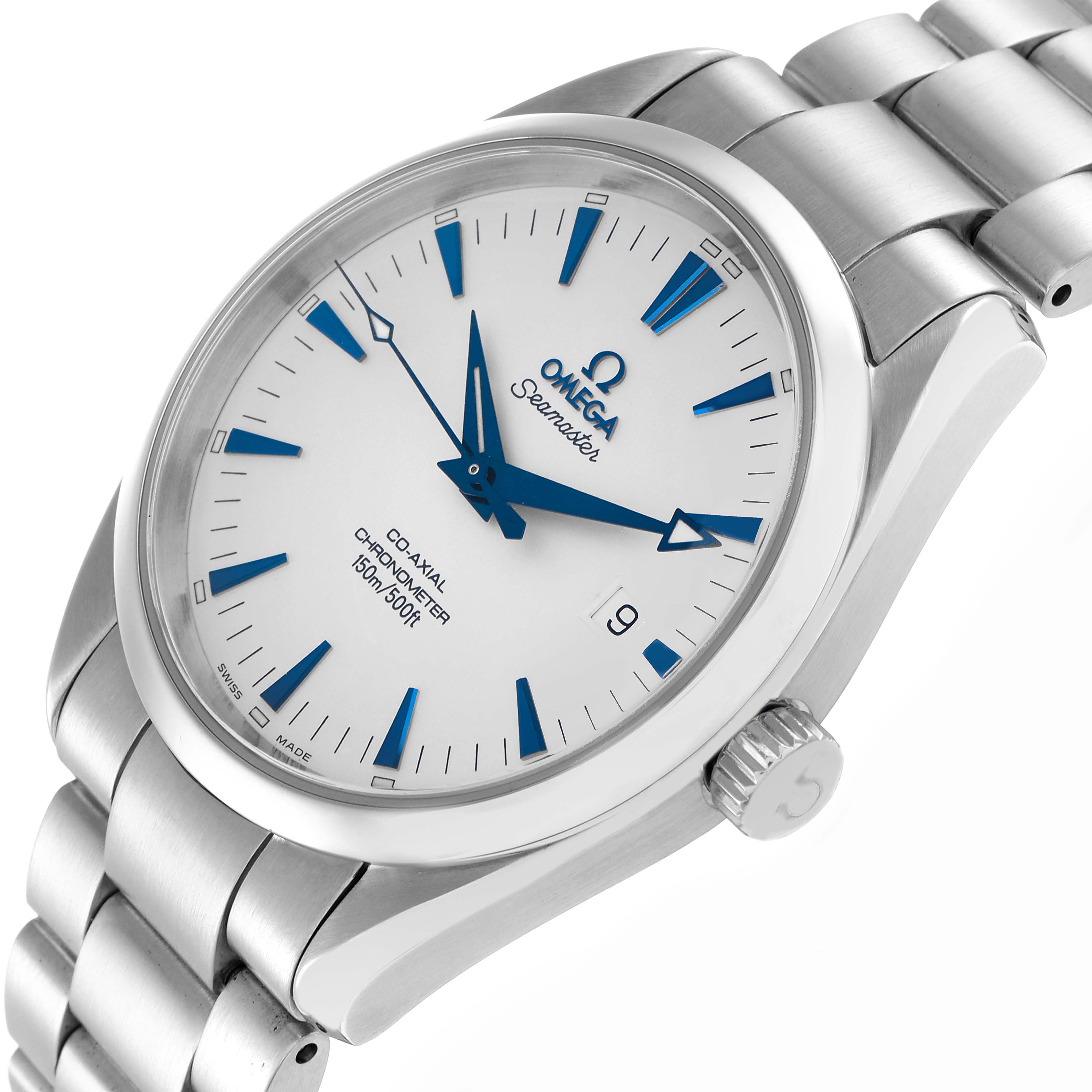 The Omega Seamaster 2503.33.00 Men
s Stainless Steel Silver Dial watch is shown at an angle highlighting the dial, crown, and part of the bracelet.