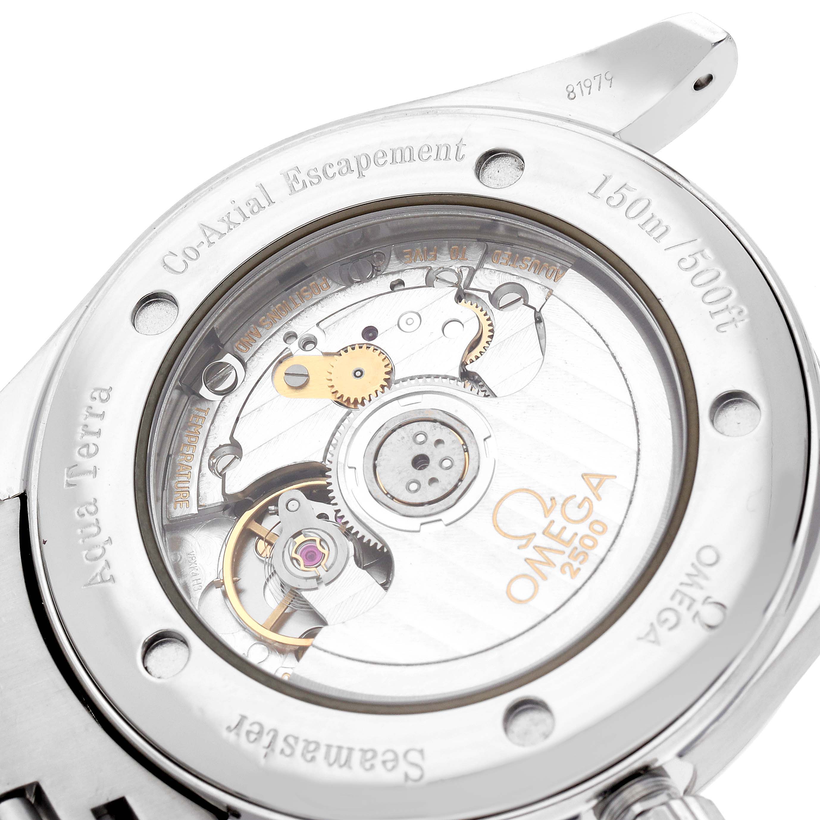 The image shows the back of an Omega Seamaster 2503.33.00 Men
s Stainless Steel Silver Dial watch, highlighting the Co-Axial Escapement and inner workings.