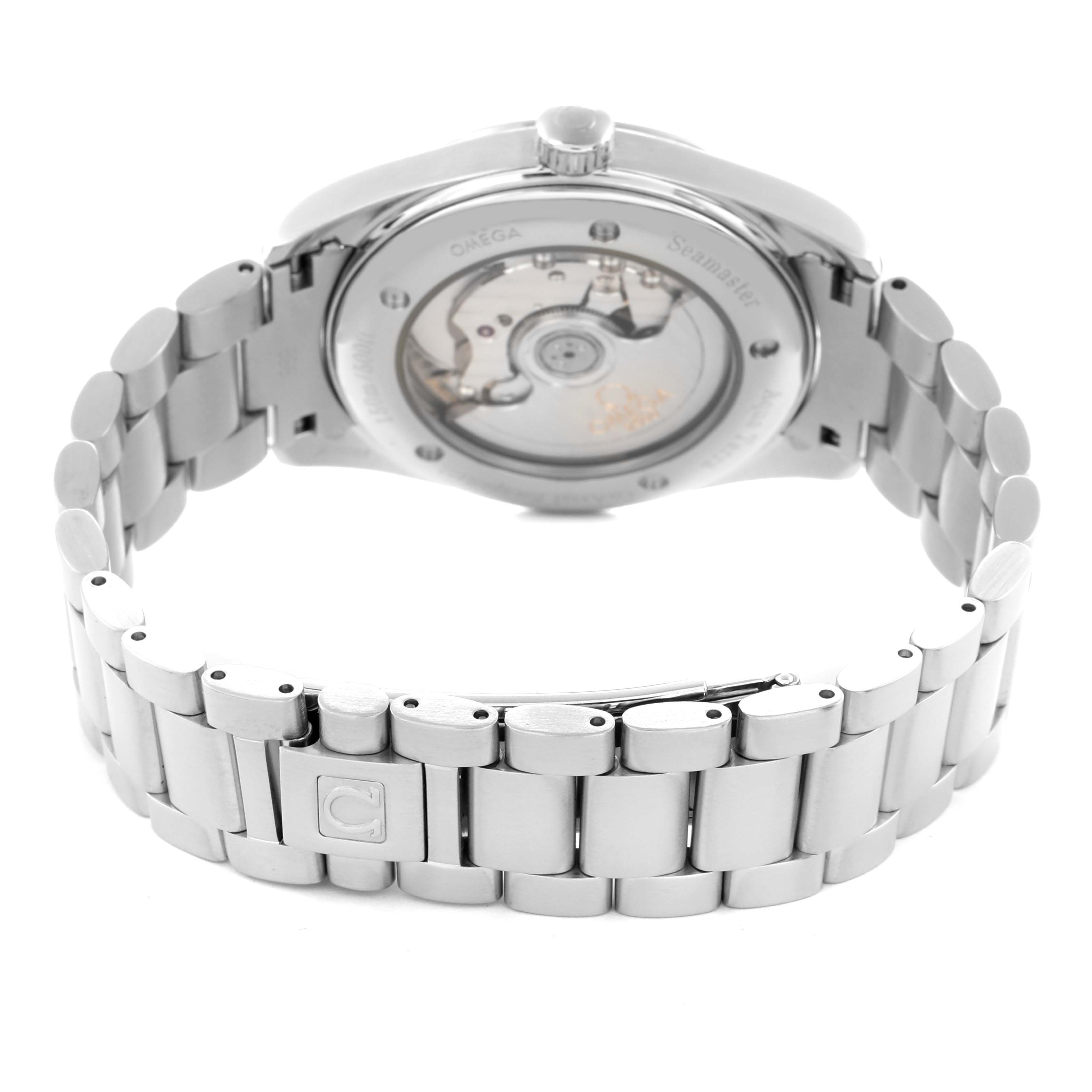 The Omega Seamaster 2503.33.00 Men
s Stainless Steel Silver Dial watch is shown from the back, highlighting its transparent case back and stainless steel bracelet.