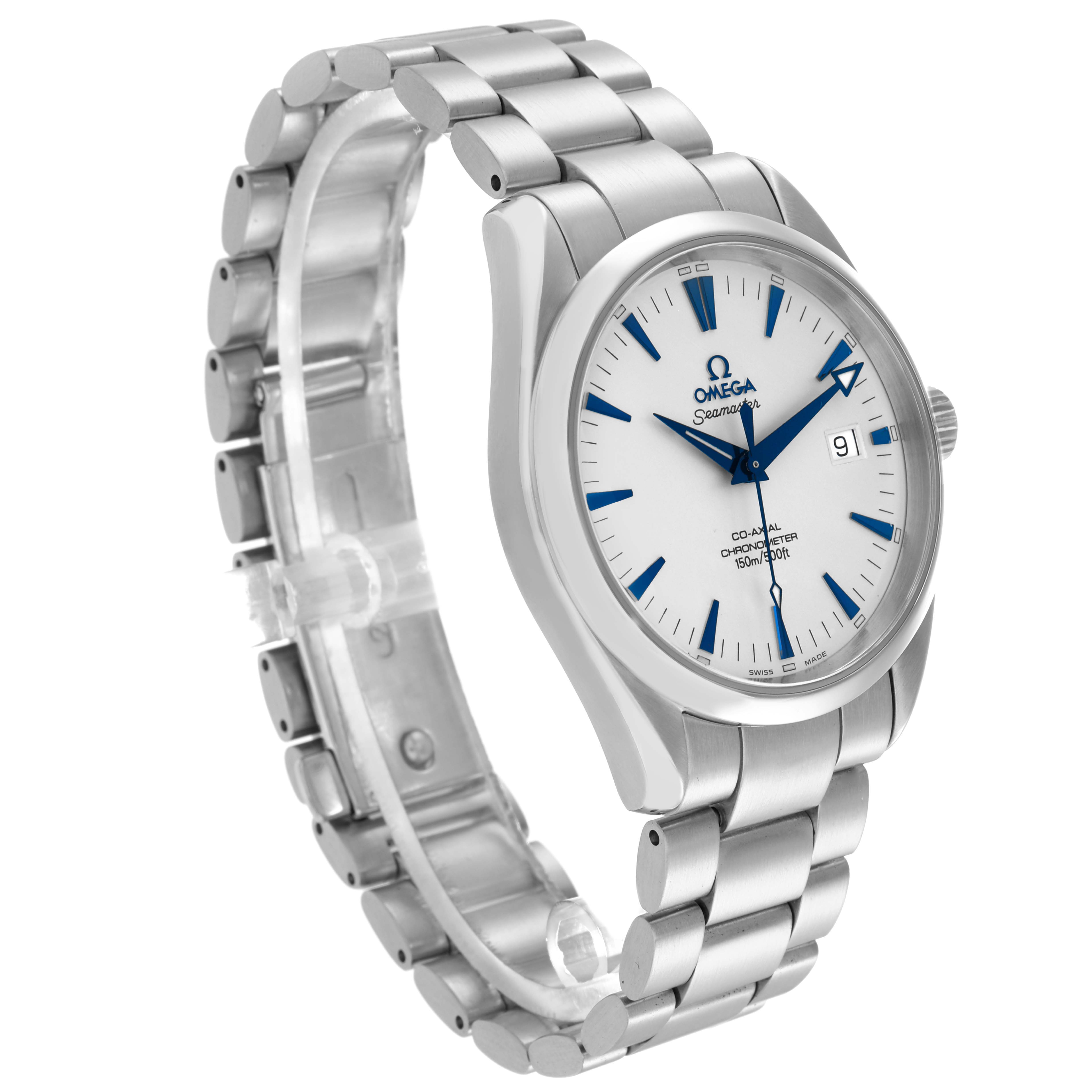 The Omega Seamaster 2503.33.00 Men
s Stainless Steel Silver Dial watch is shown at a three-quarter angle, highlighting the face, bezel, bracelet, and crown.