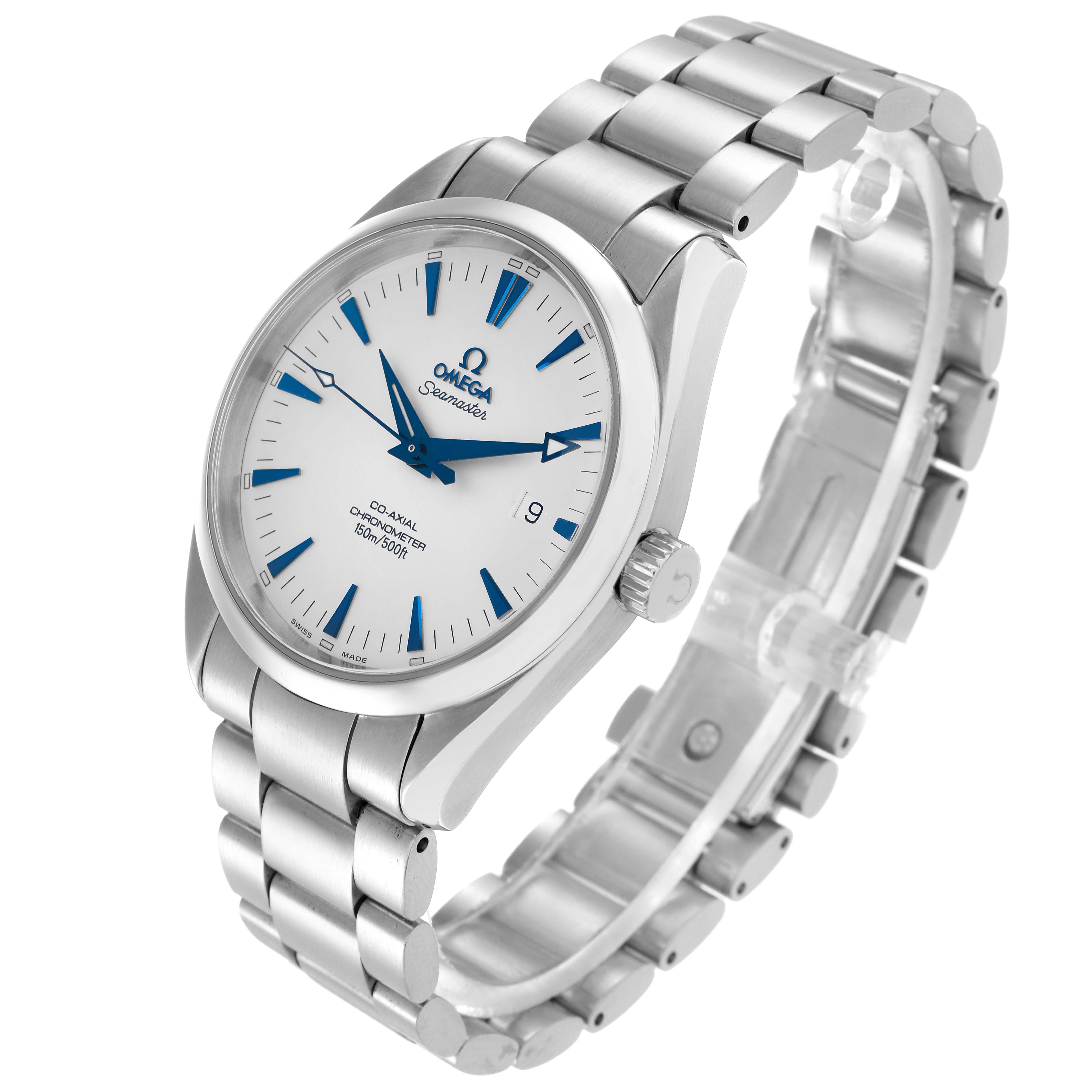 The Omega Seamaster 2503.33.00 Men
s Stainless Steel Silver Dial watch is shown at an angle highlighting the face, case, bracelet, and crown.