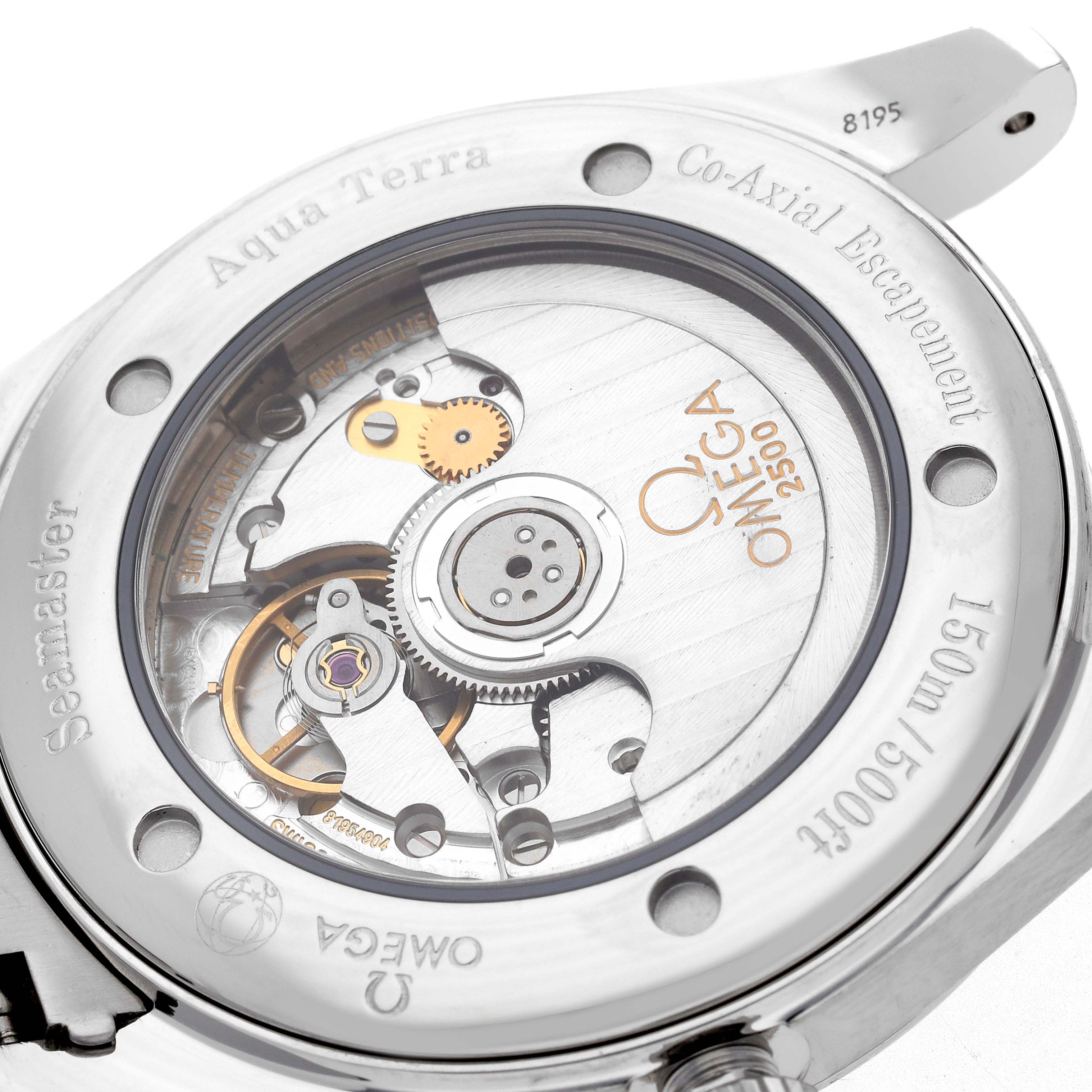 The image shows a close-up of the Omega Aqua Terra 2503.33.00 Men
s Stainless Steel White Dial model
s transparent case back, revealing the movement mechanism.