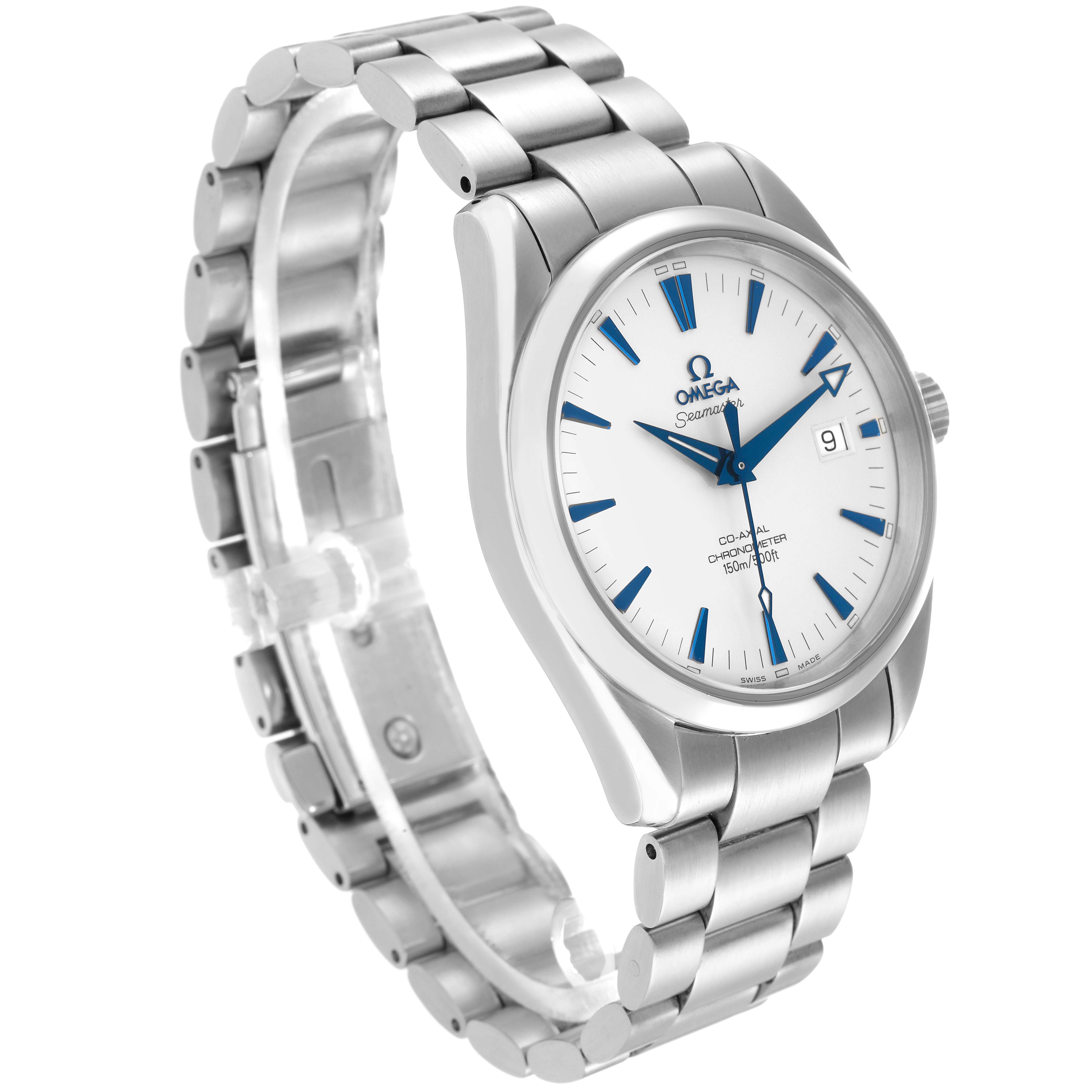 The Omega Aqua Terra 2503.33.00 Men
s Stainless Steel White Dial watch is shown at a three-quarter angle, highlighting the bracelet and face details.