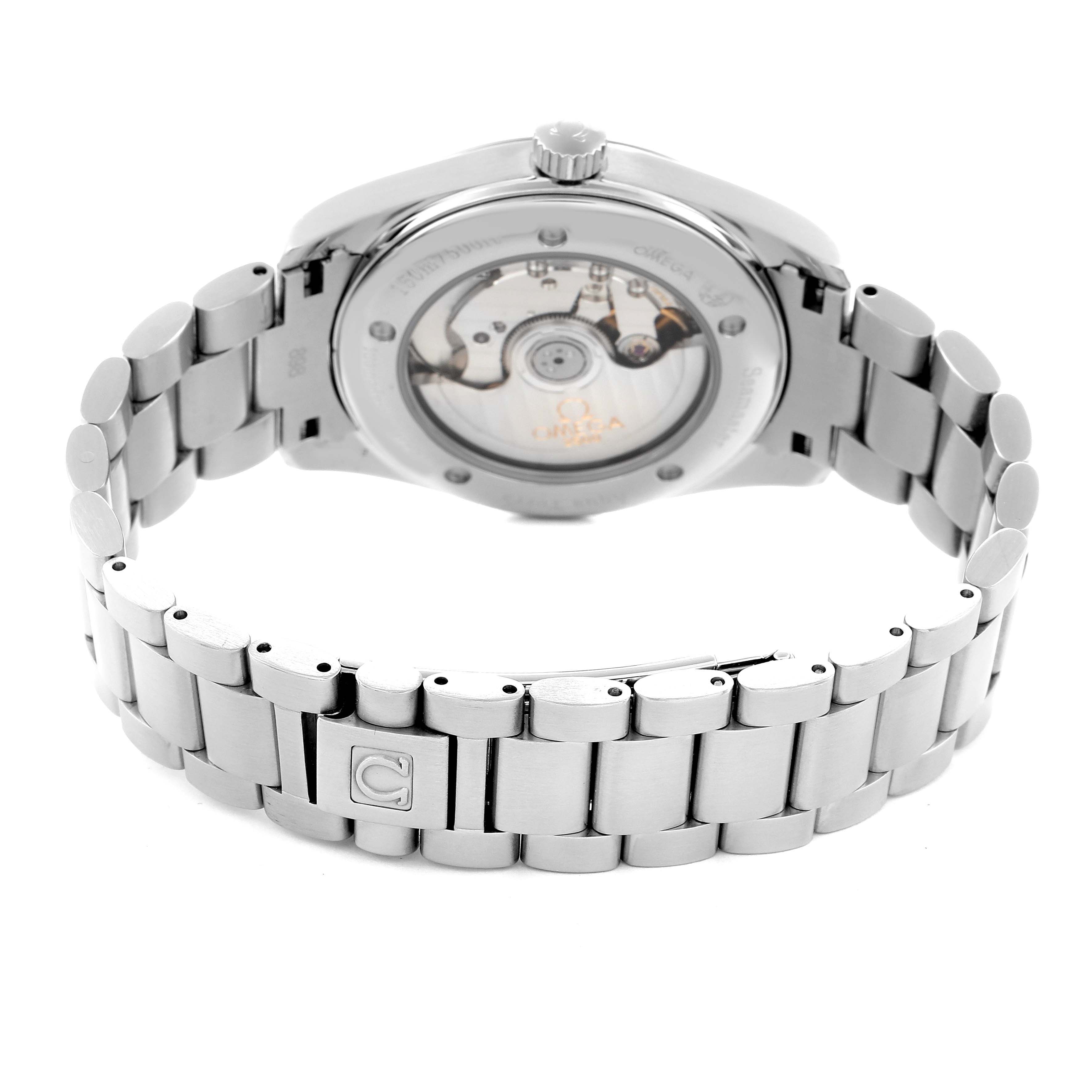 The image shows the back of the Omega Aqua Terra 2503.33.00 Men
s Stainless Steel White Dial watch, displaying its movement and stainless steel bracelet.