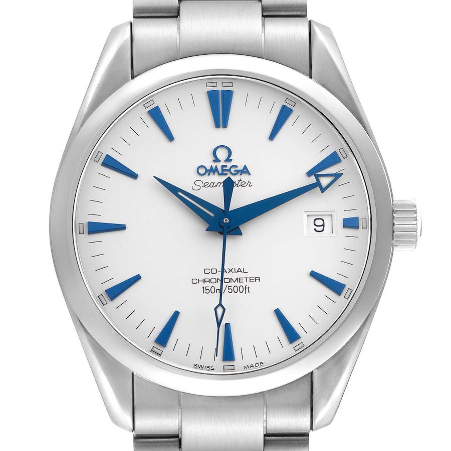 The Omega Aqua Terra, model 2503.33.00, is shown from the front, highlighting the dial, blue hands, indices, and the date window at 3 o'clock.