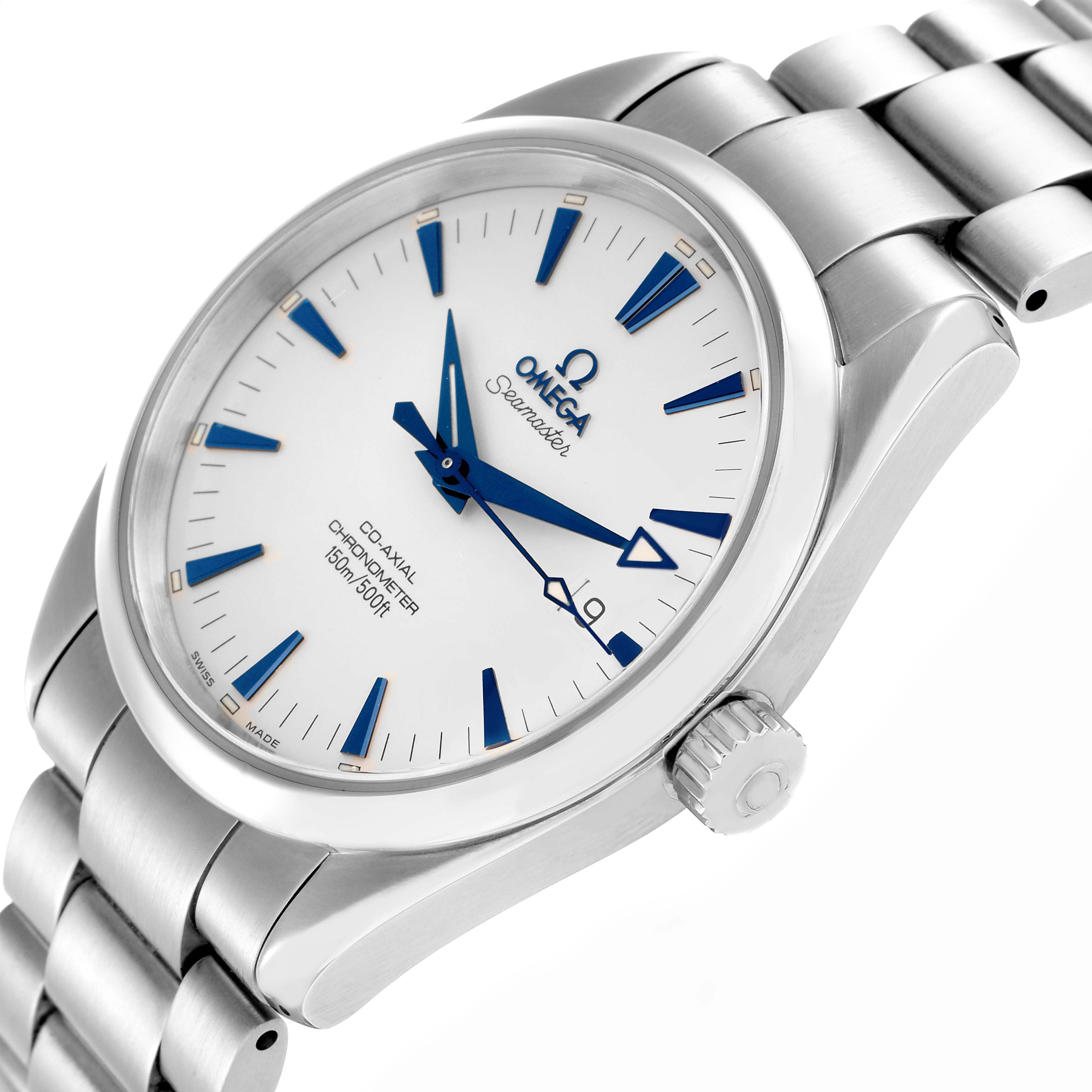 The Omega Aqua Terra 2503.33.00 Men
s Stainless Steel White Dial watch is shown at a slight side angle, highlighting its dial, bezel, and bracelet.