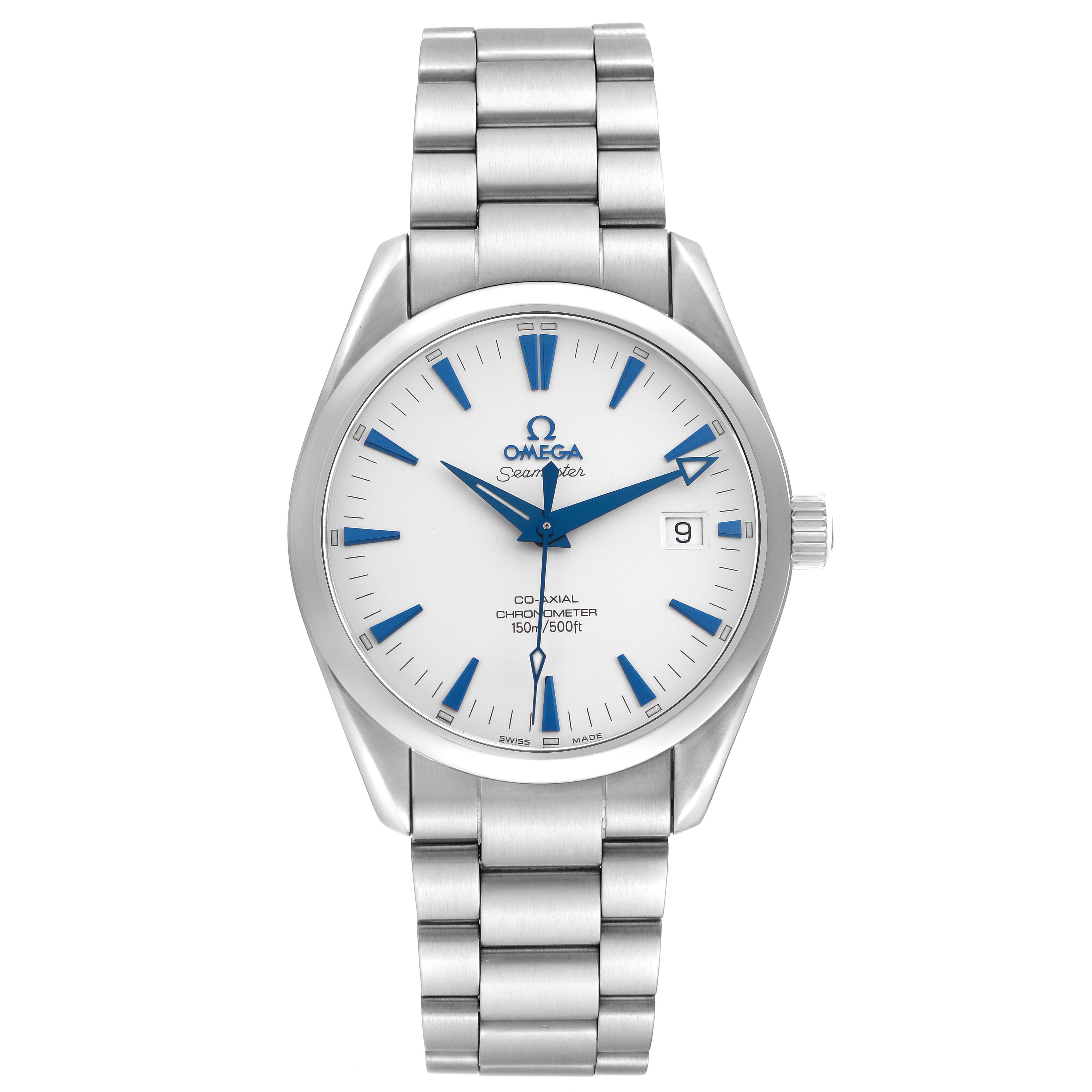 The Omega Aqua Terra 2503.33.00 Men
s Stainless Steel White Dial watch is shown from the front, displaying its dial, bezel, and bracelet.
