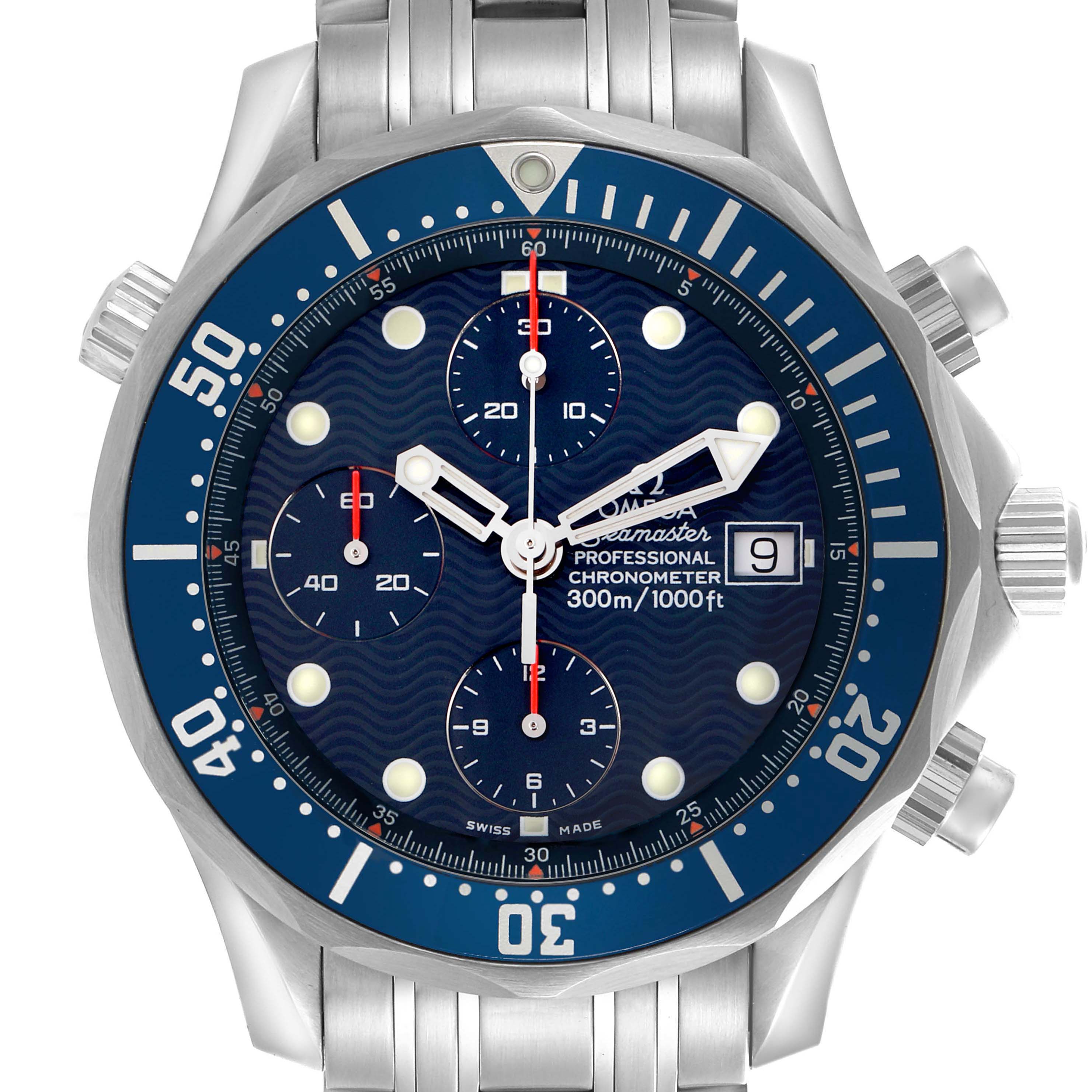 The Omega Seamaster 2599.80.00 Men
s Stainless Steel Blue Dial watch is shown from the front, displaying the dial, bezel, pushers, and stainless steel bracelet.