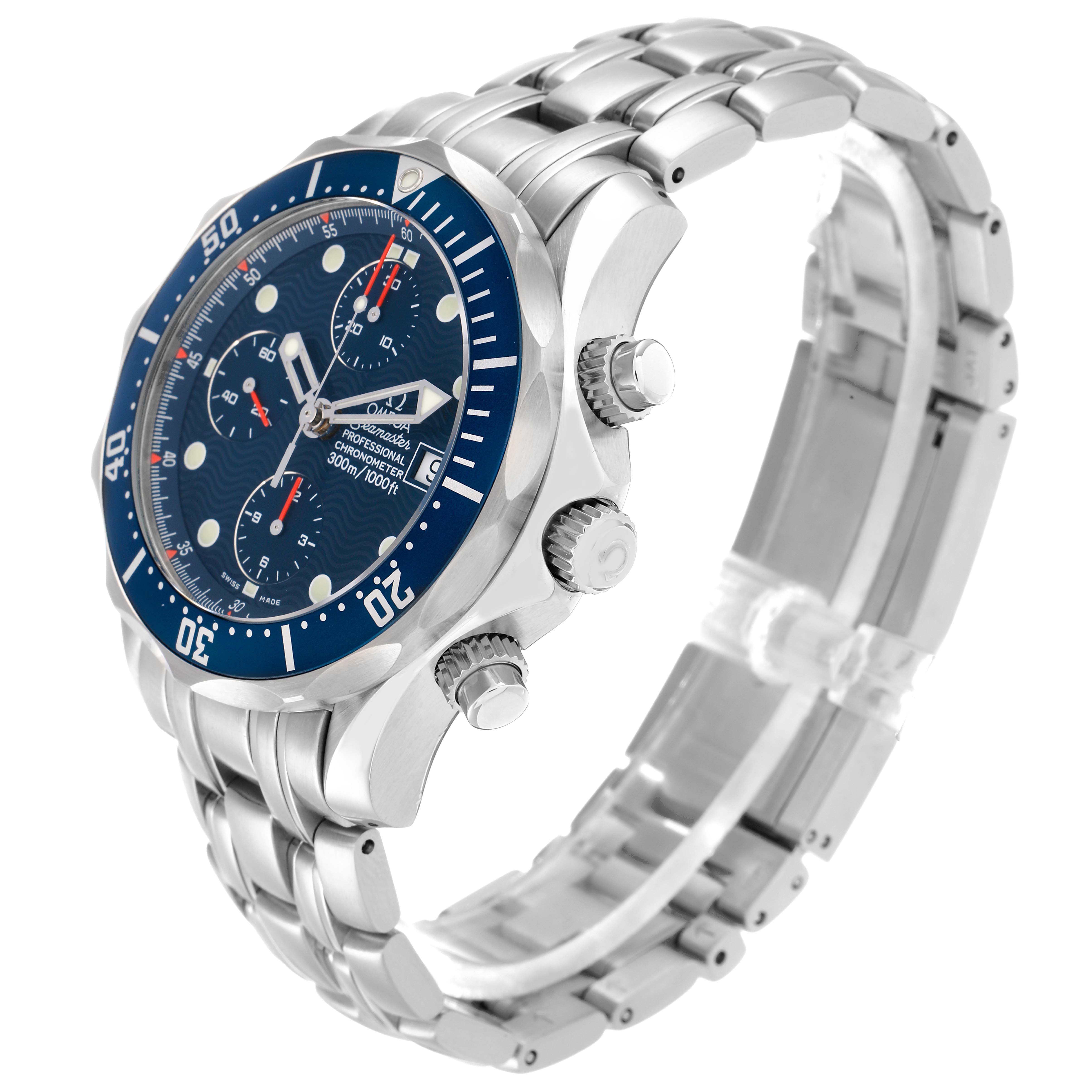 The Omega Seamaster 2599.80.00 Men
s Stainless Steel Blue Dial watch is shown at a three-quarter angle, highlighting the face, bezel, and side buttons.