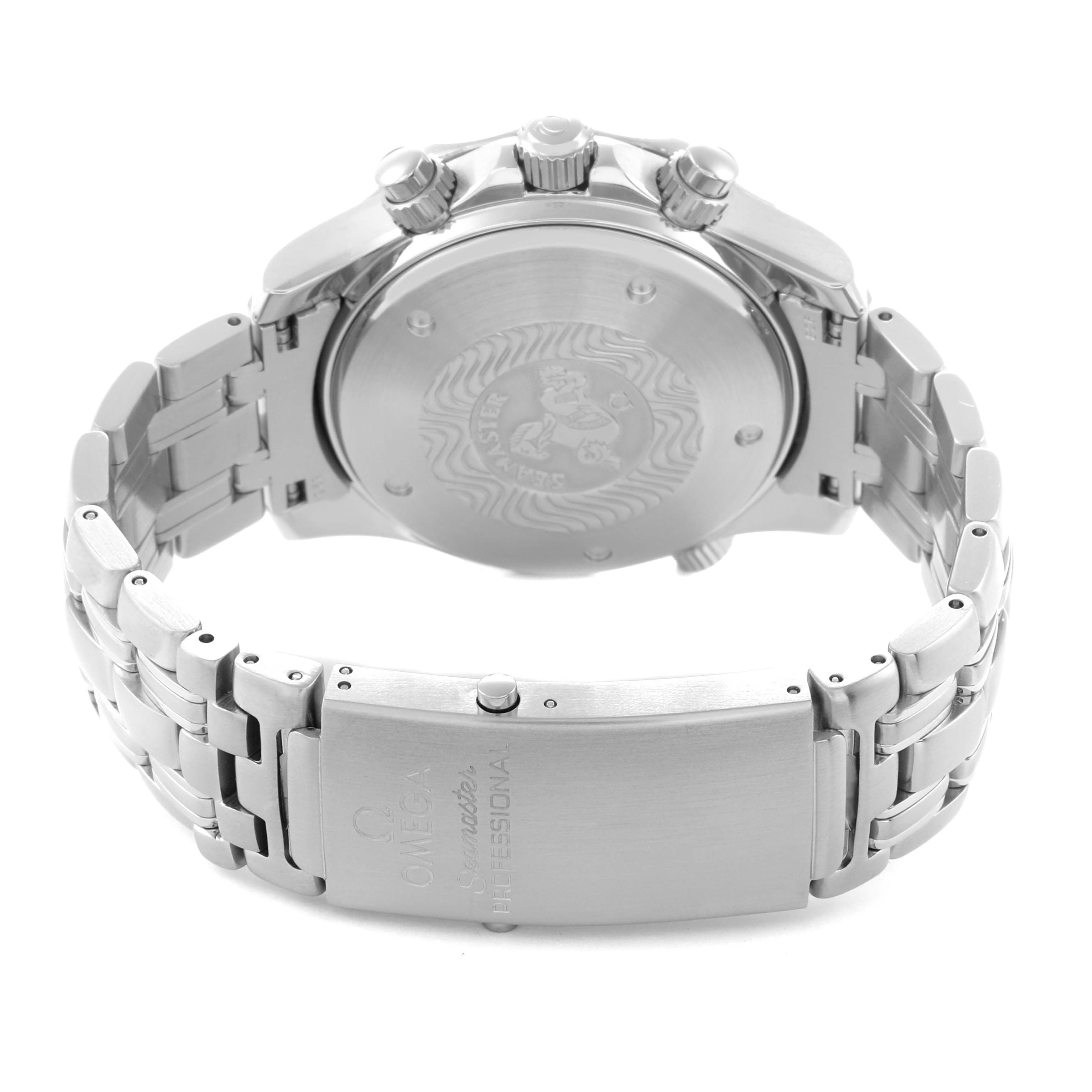 The image shows the back view of an Omega Seamaster 2599.80.00 Men
s Stainless Steel Blue Dial watch, displaying the case back, bracelet, and clasp with branding details.