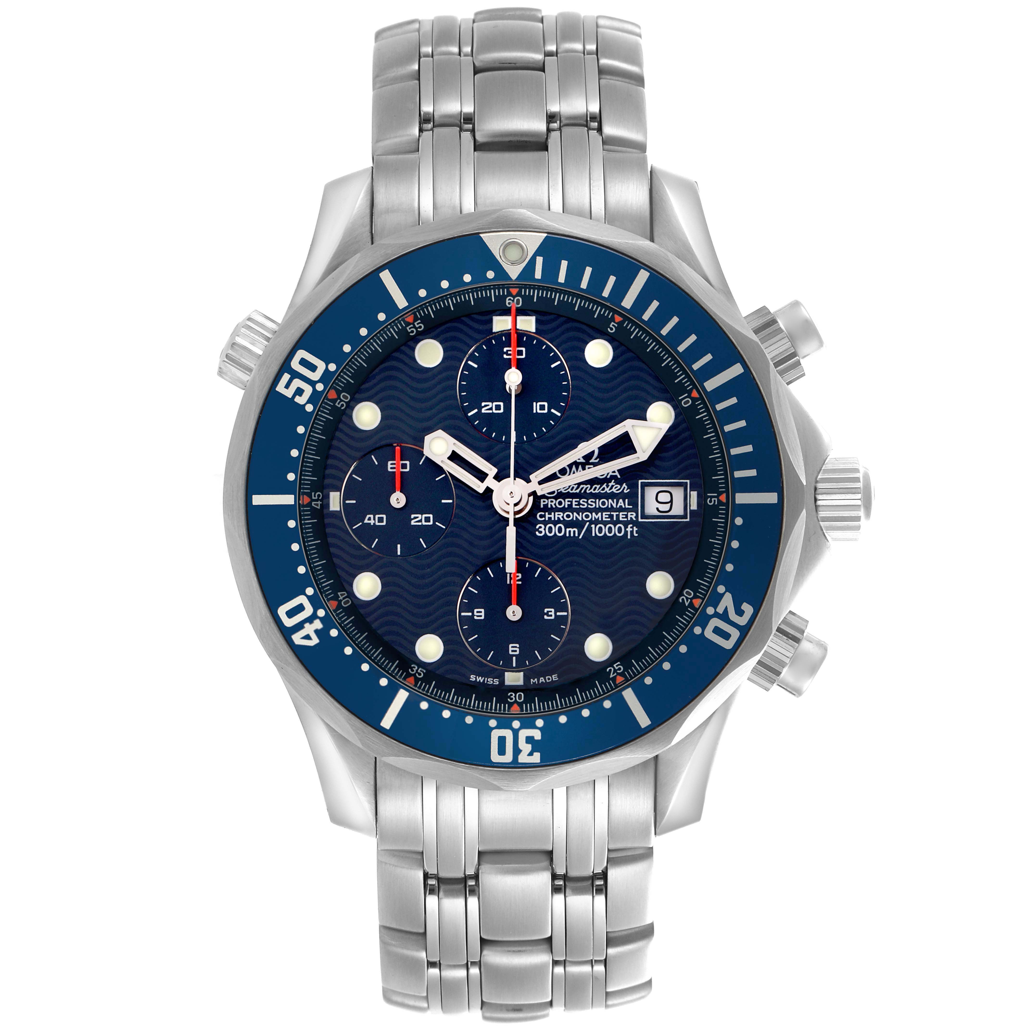 The Omega Seamaster 2599.80.00 Men
s Stainless Steel Blue Dial watch is shown from the front, highlighting its face, bezel, pushers, and steel bracelet.