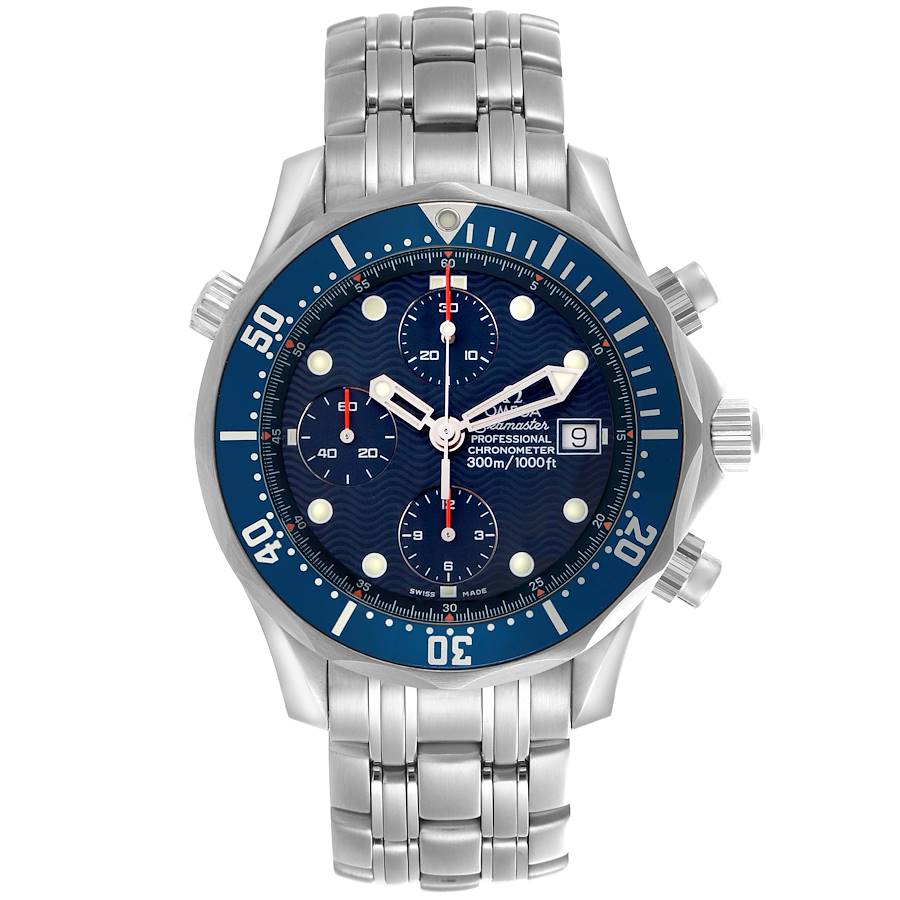 The Omega Seamaster model 2599.80.00 men's watch is shown from the front, highlighting the blue dial, subdials, bezel, bracelet, and crown.