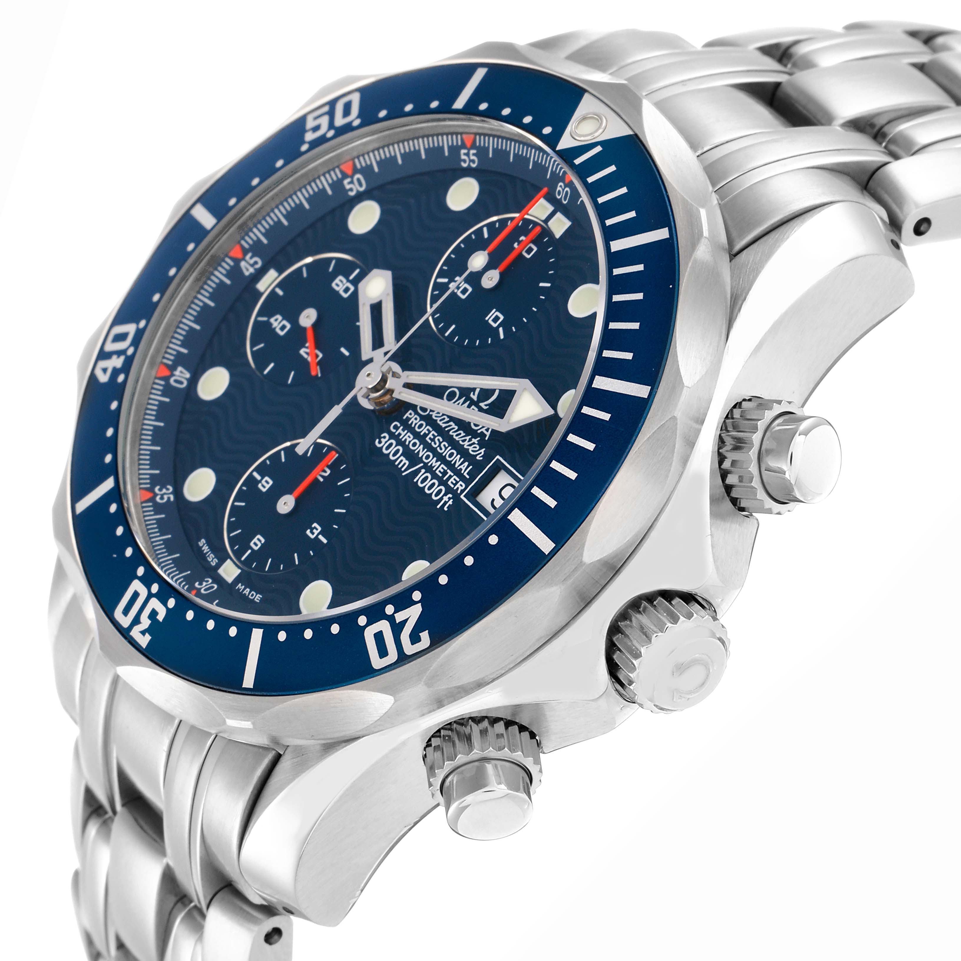The Omega Seamaster 2599.80.00 Men
s Stainless Steel Blue Dial watch is shown from a side angle, displaying the bezel, crown, subdials, and part of the bracelet.