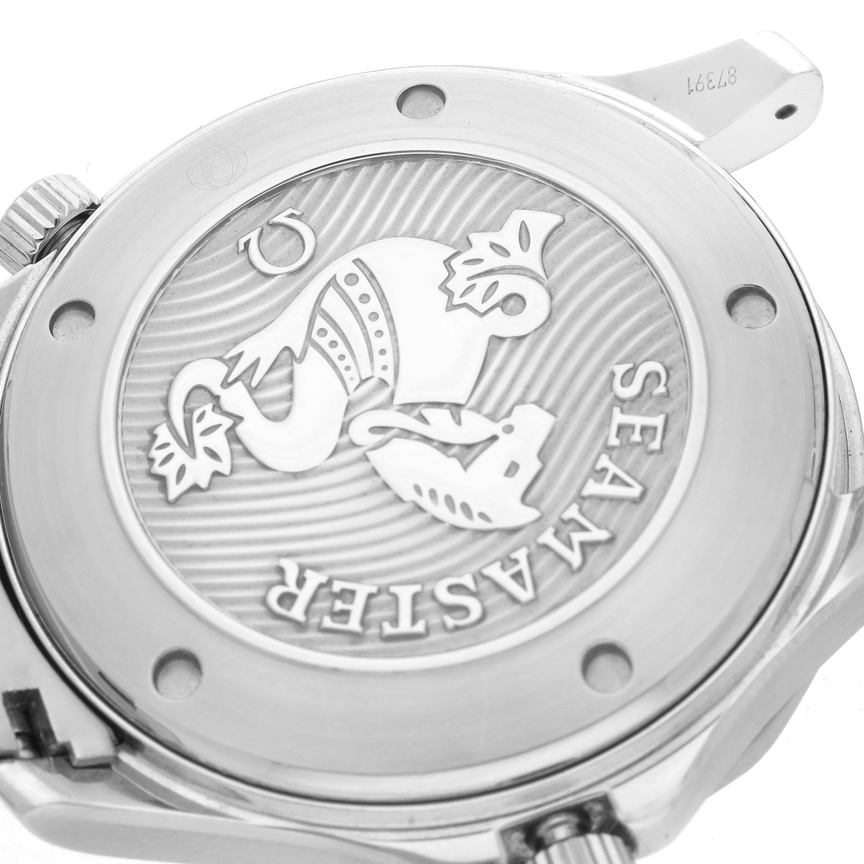 The image shows the back case of an Omega Seamaster 212.30.41.20.03.001 Men
s Stainless Steel Blue Dial watch, highlighting the engraved design and branding details.