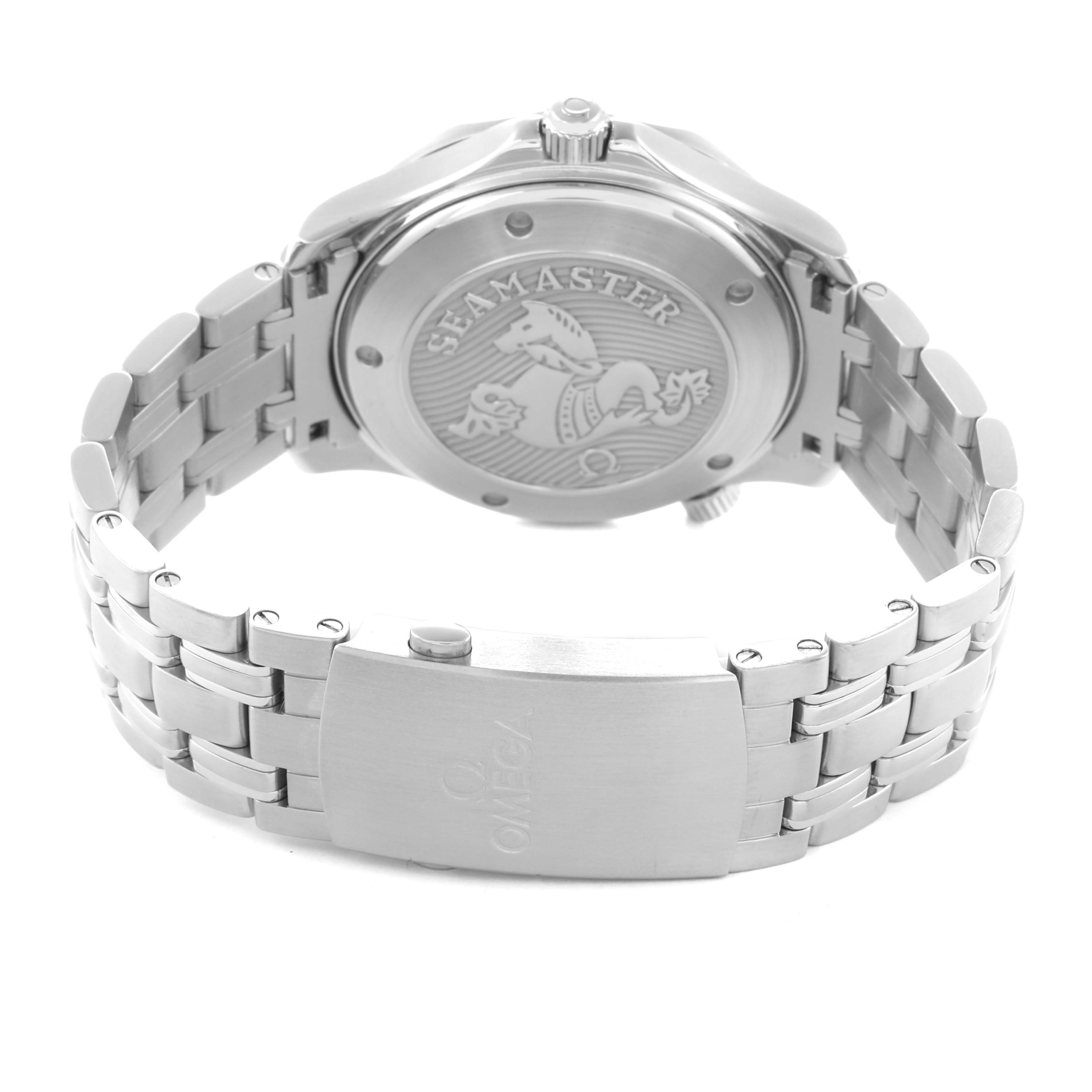 The image shows the back and bracelet of the Omega Seamaster 212.30.41.20.03.001 Men
s Stainless Steel Blue Dial watch, highlighting the case back engraving and clasp.