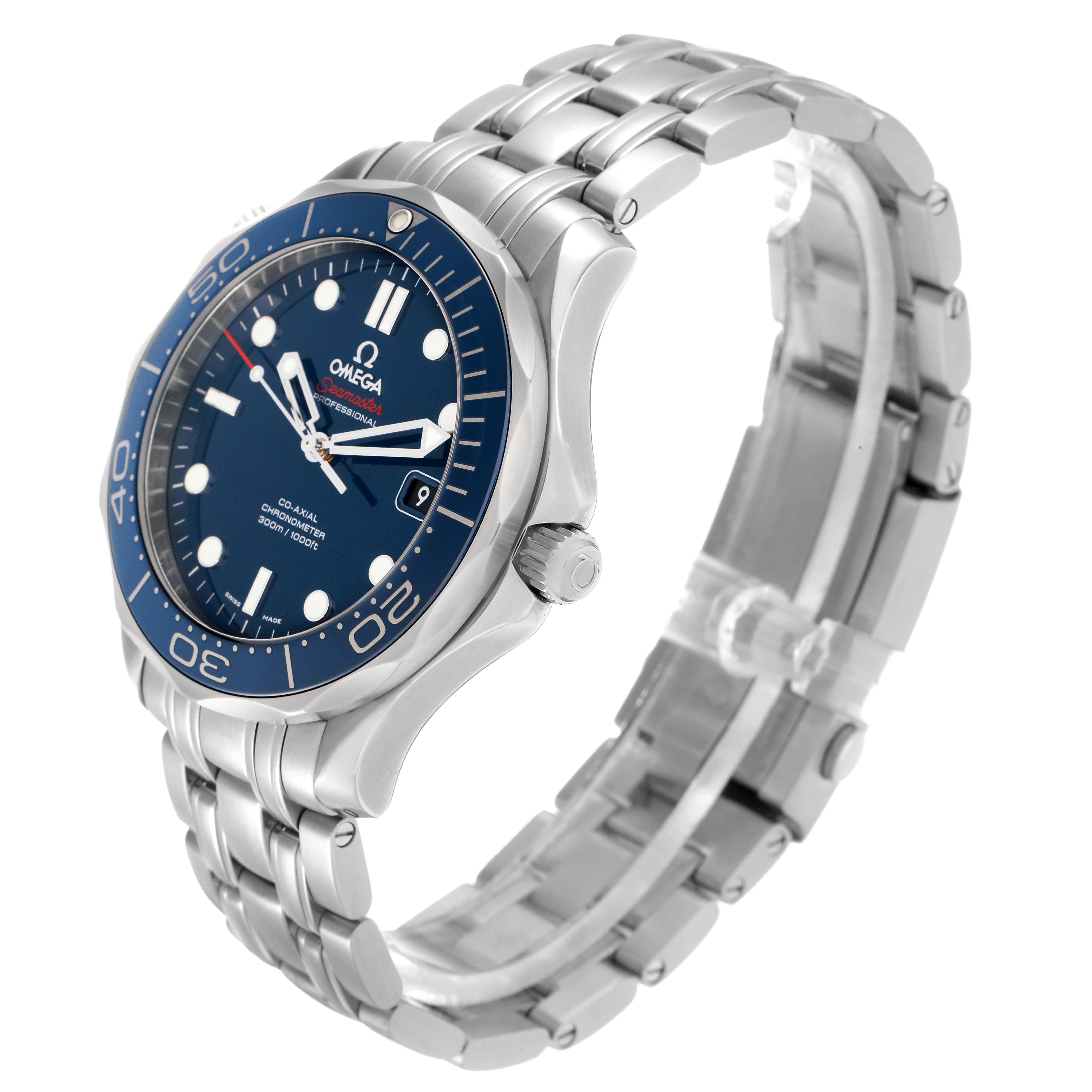 The Omega Seamaster 212.30.41.20.03.001 Men
s Stainless Steel Blue Dial watch is shown at a three-quarter angle, displaying the blue dial, bezel, crown, and metal bracelet.