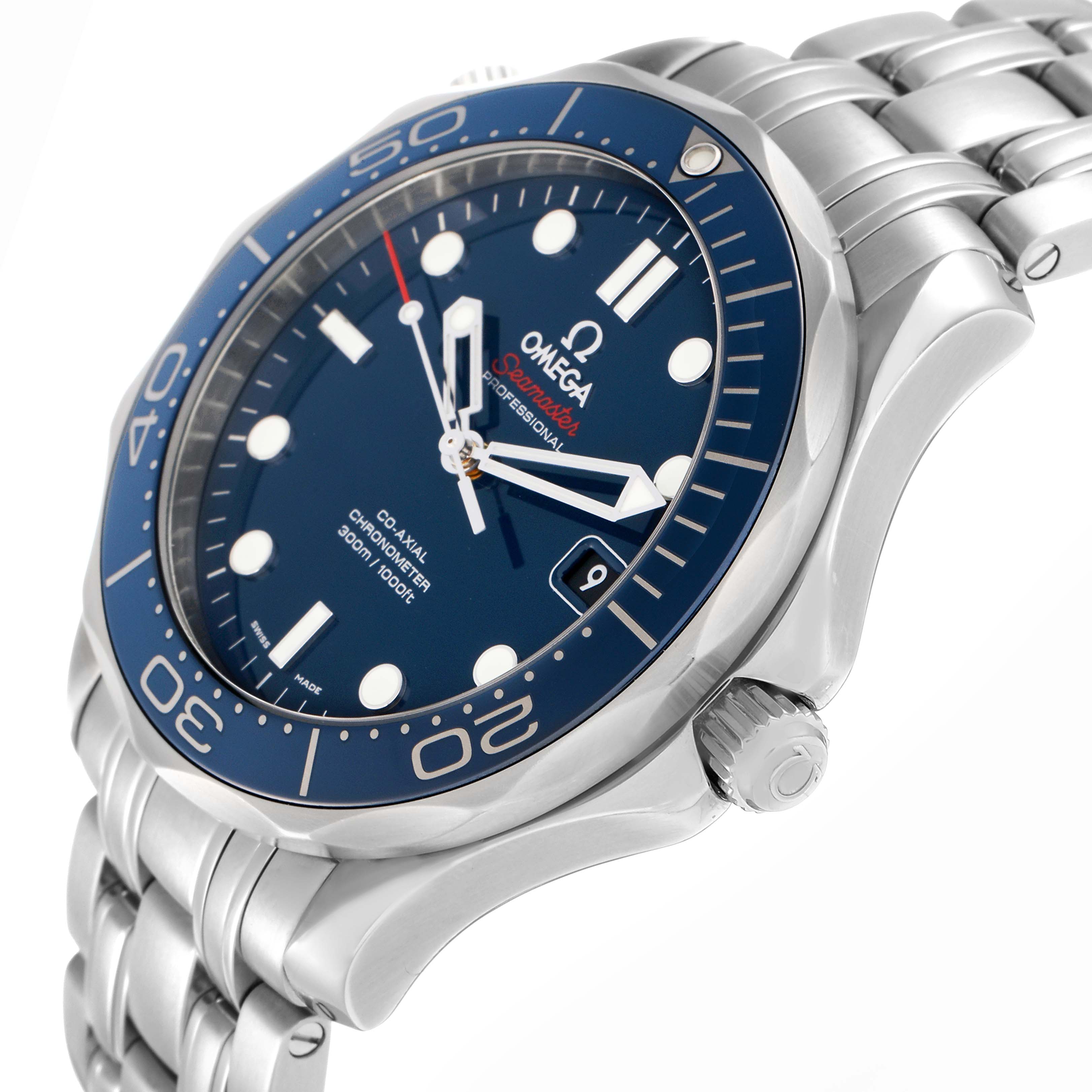 The Omega Seamaster 212.30.41.20.03.001 Men
s Stainless Steel Blue Dial watch is shown at an angled side view, highlighting the bezel, crown, and stainless steel bracelet.