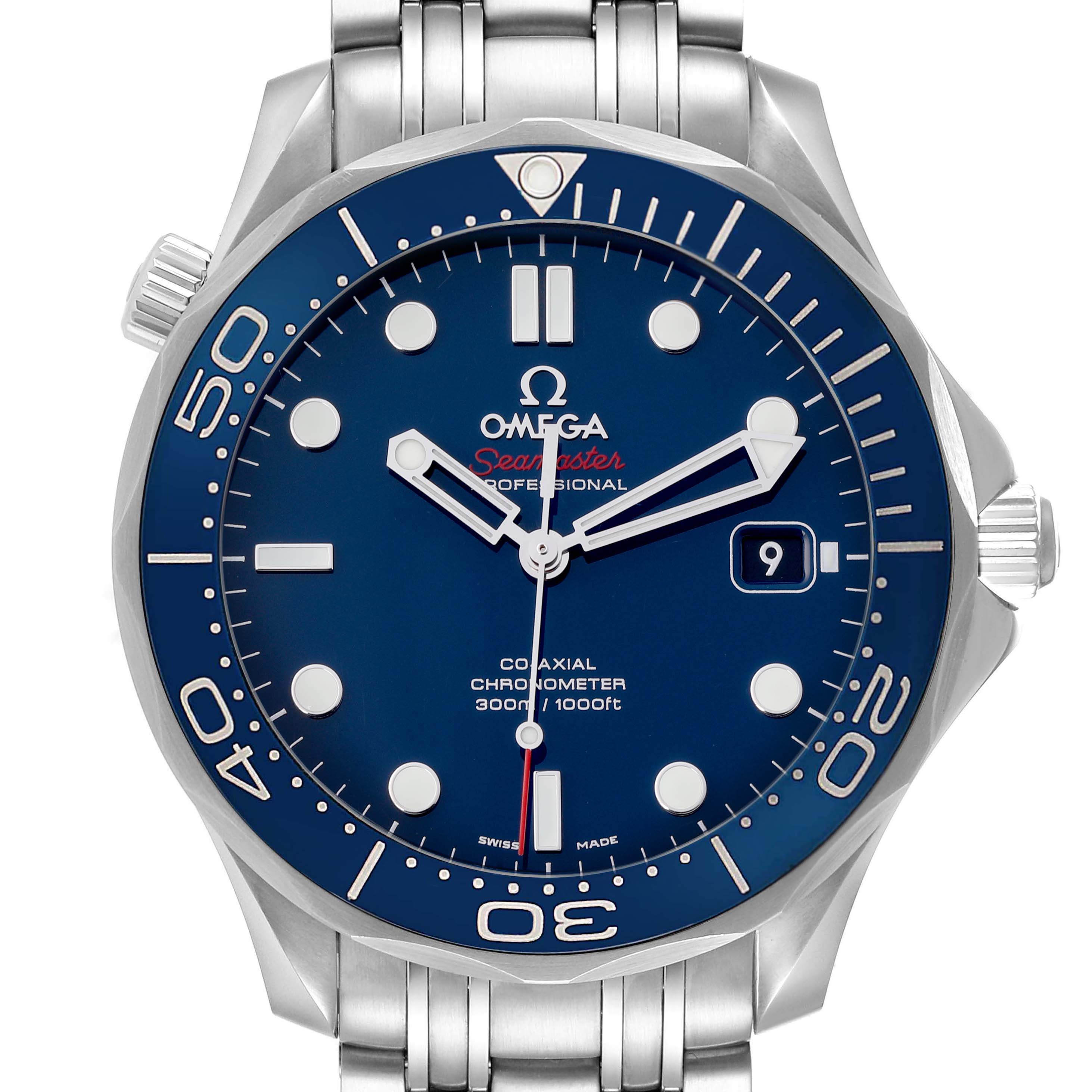 The Omega Seamaster 212.30.41.20.03.001 Men
s Stainless Steel Blue Dial watch is shown from a front angle, displaying the dial, bezel, and bracelet detail.