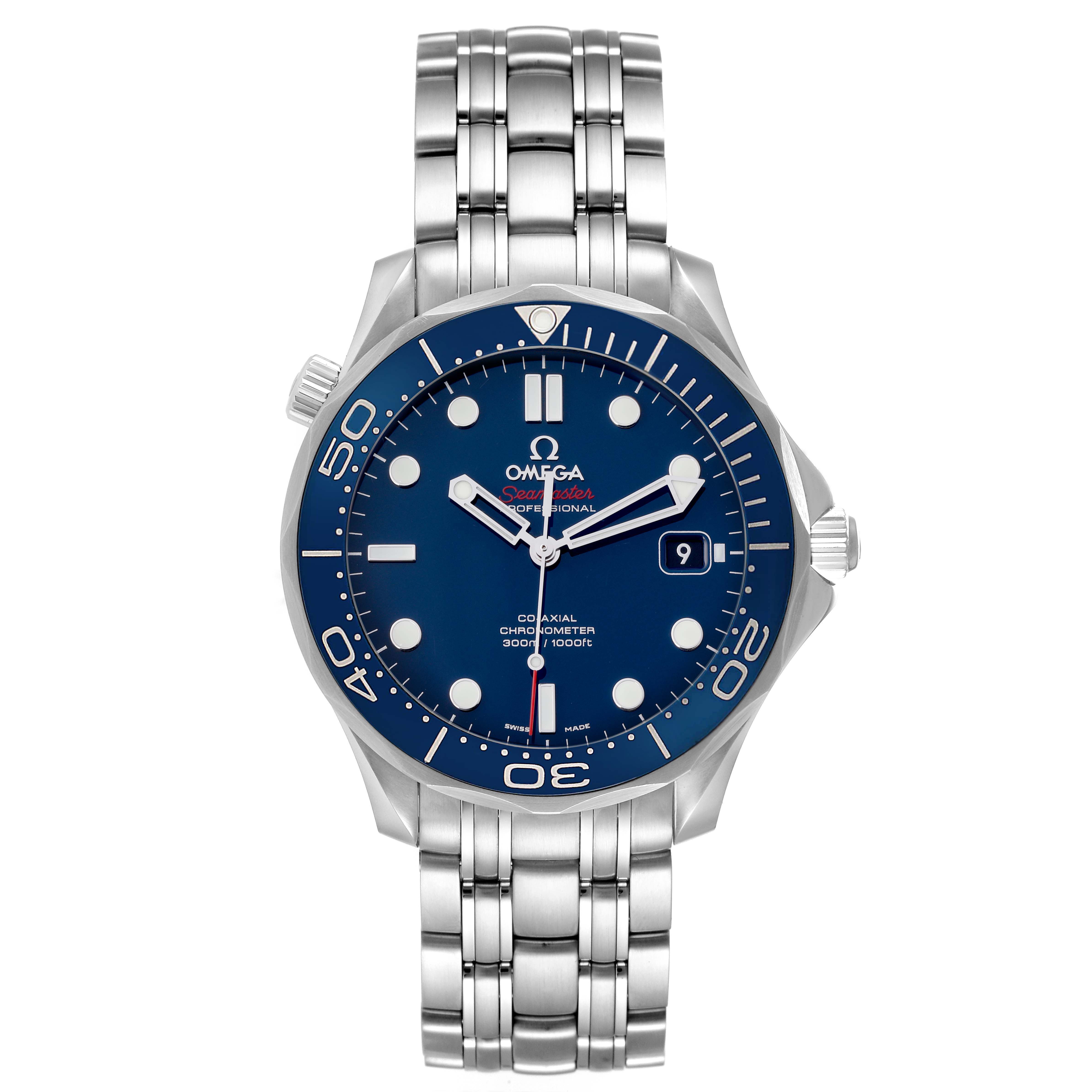 The Omega Seamaster 212.30.41.20.03.001 Men
s Stainless Steel Blue Dial watch is shown from a front angle, displaying its blue dial, bezel, and stainless steel bracelet.