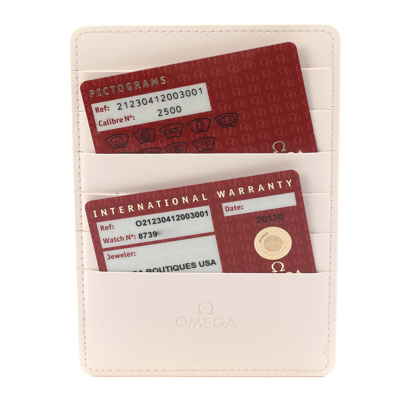 The image shows an Omega Seamaster 212.30.41.20.03.001 Men
s Stainless Steel Blue Dial warranty card holder with two red cards visible from a front angle.