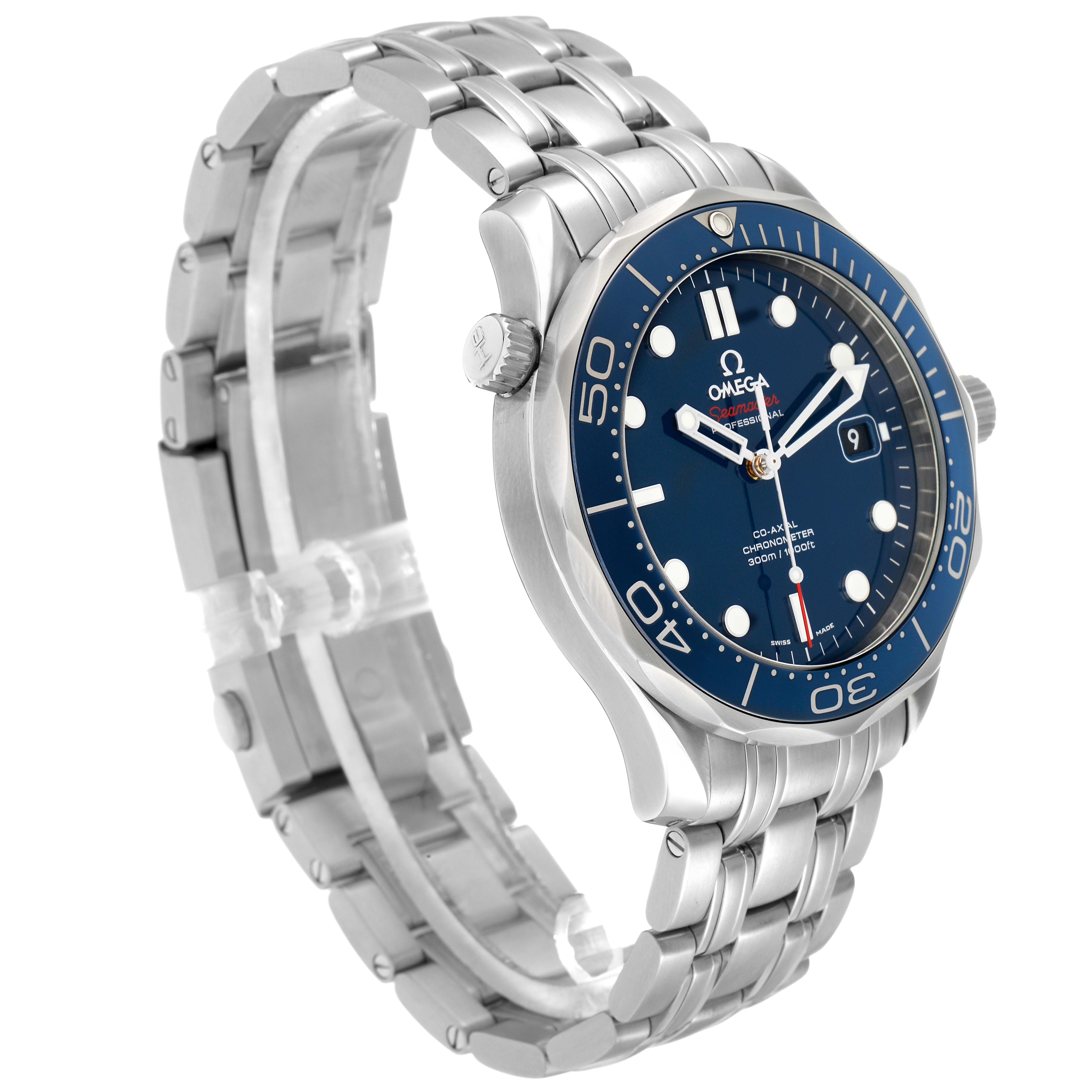The Omega Seamaster 212.30.41.20.03.001 Men
s Stainless Steel Blue Dial watch is shown from a three-quarter angle, highlighting the face, bezel, crown, and bracelet.