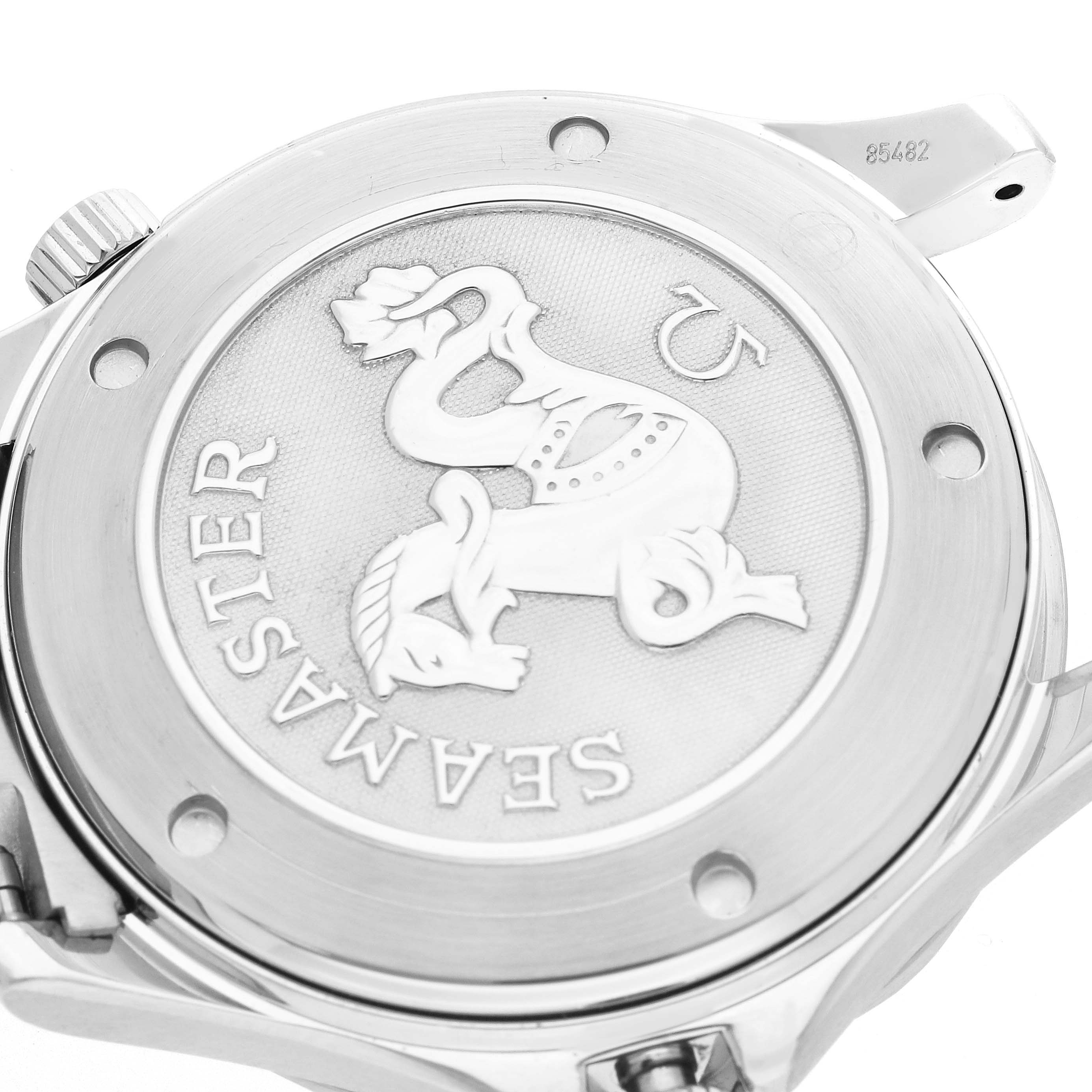 The image shows the back of an Omega Seamaster 2220.80.00 Men
s Stainless Steel Blue Dial watch with its engraved emblem and screw-down case back.