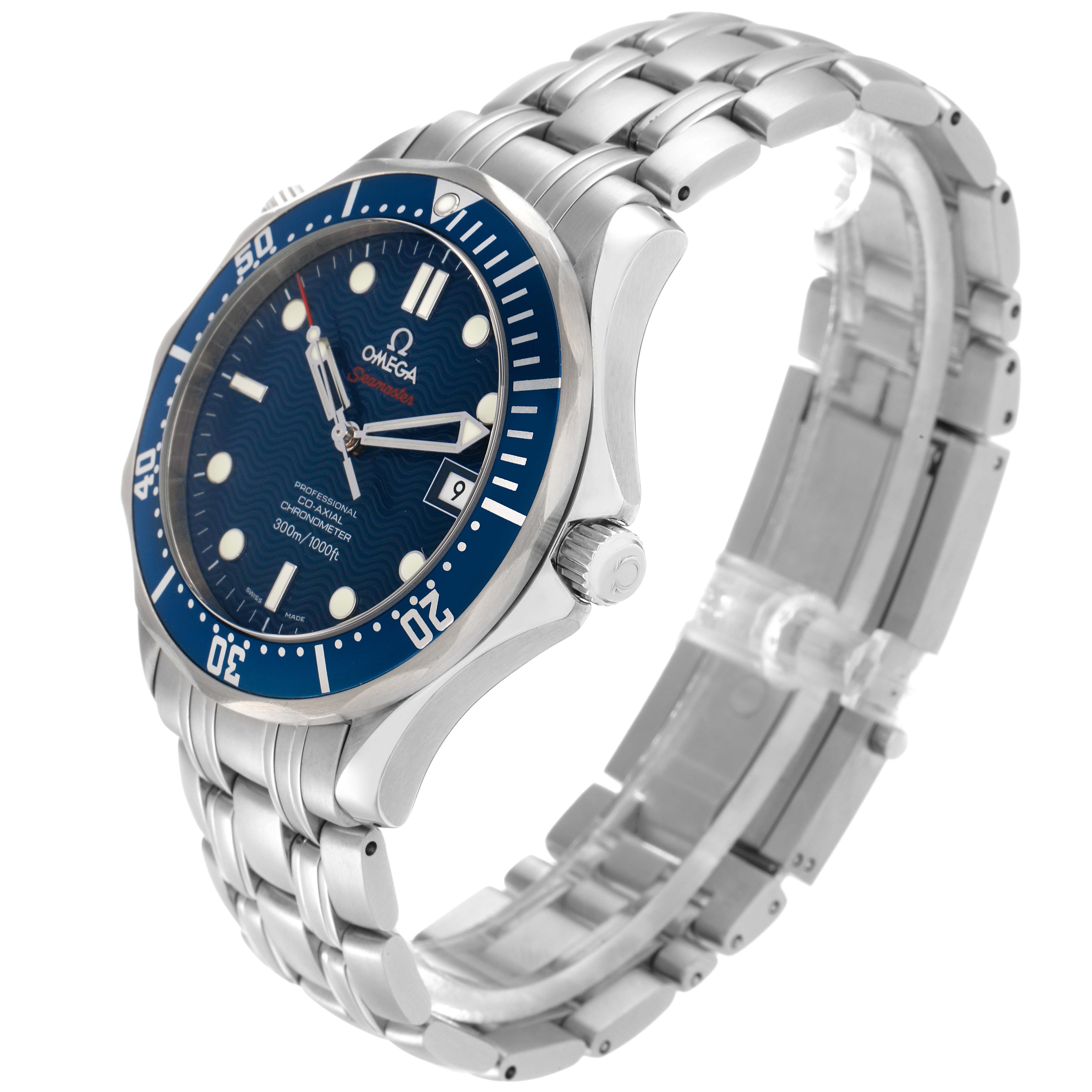 The Omega Seamaster 2220.80.00 Men
s Stainless Steel Blue Dial watch is shown at a three-quarter angle, highlighting the bezel, bracelet, and crown.