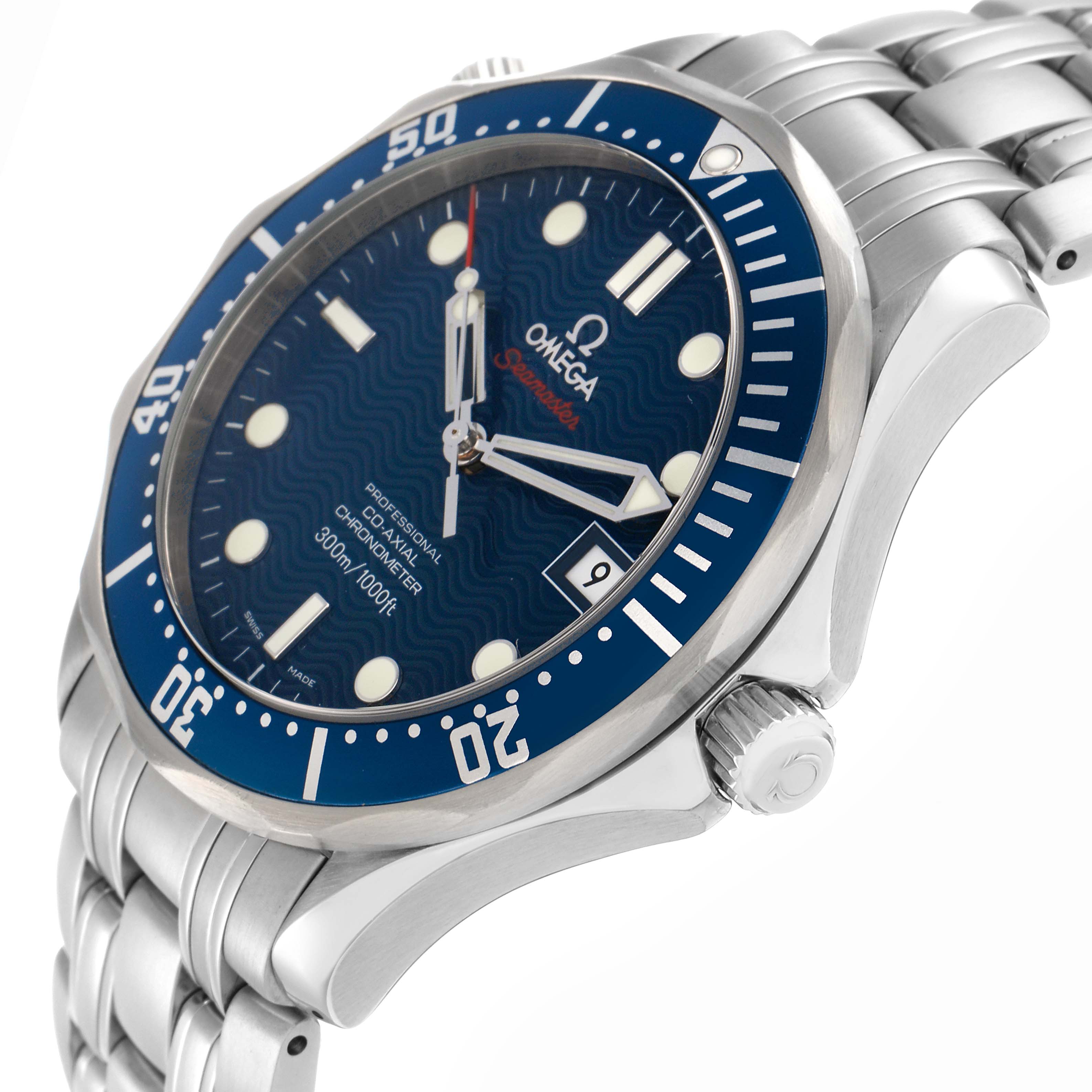 The Omega Seamaster 2220.80.00 Men
s Stainless Steel Blue Dial watch is shown at a slight angle, highlighting the dial, bezel, and bracelet.