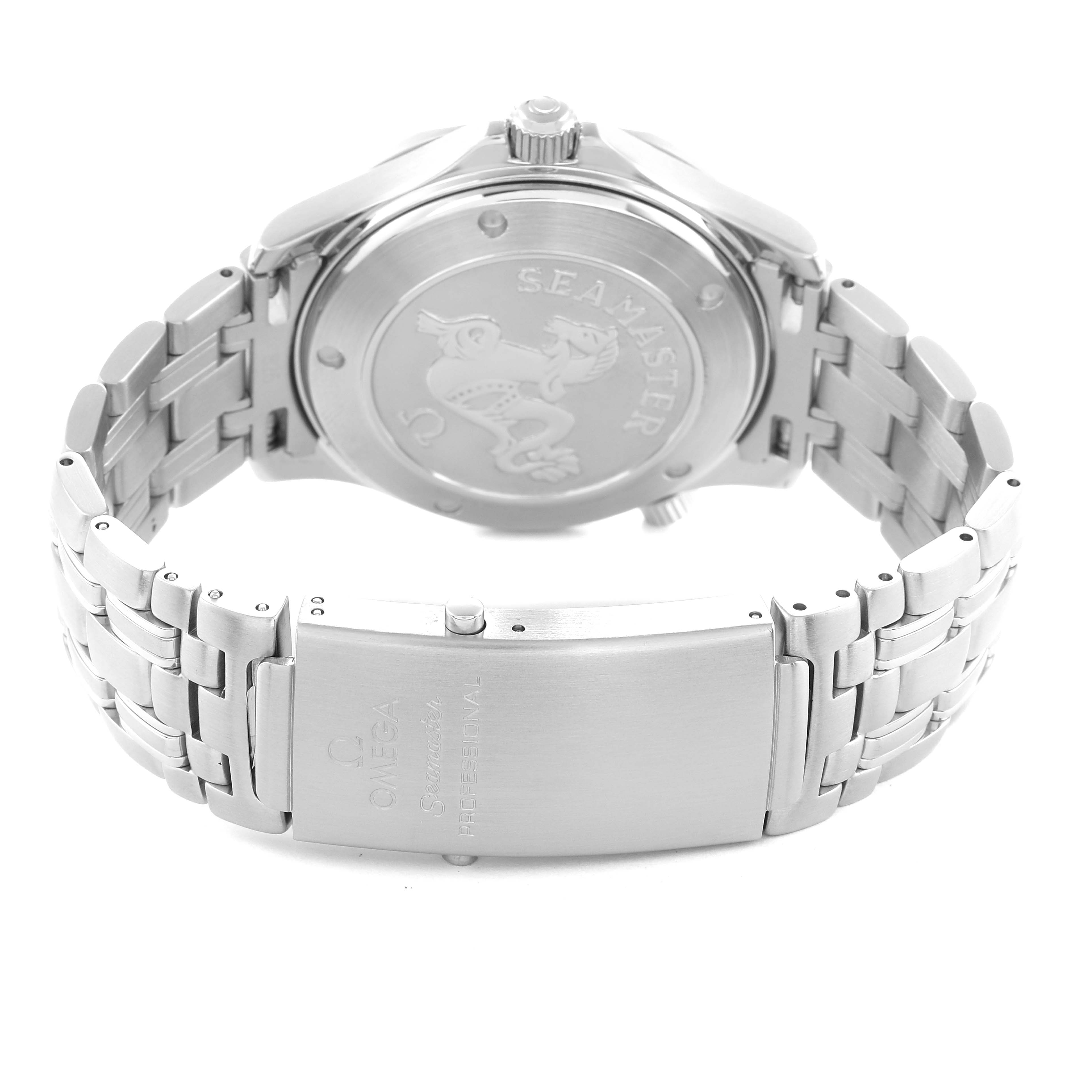 The Omega Seamaster 2220.80.00 Men
s Stainless Steel Blue Dial watch is viewed from the back, showing the case back, bracelet, and clasp.