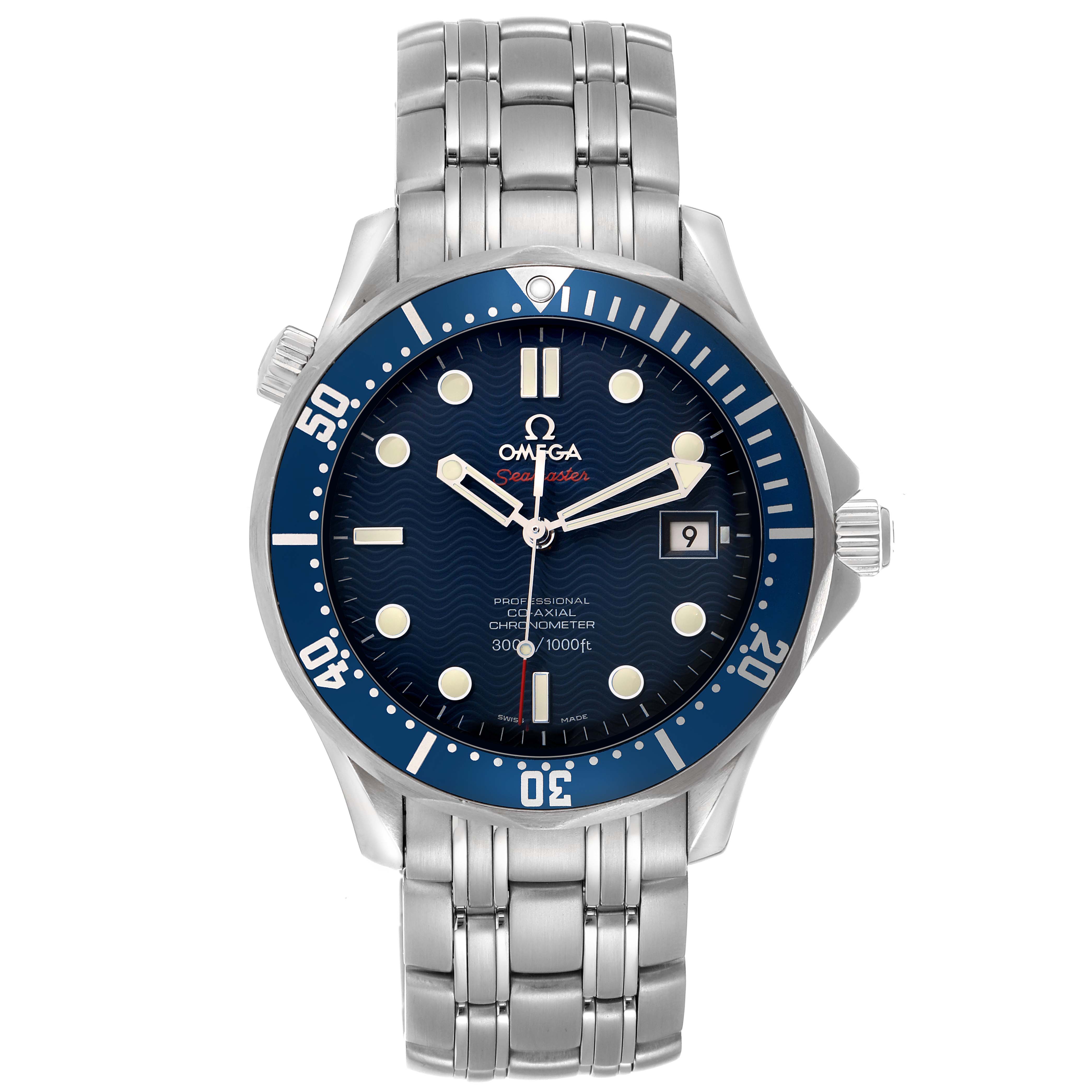 The Omega Seamaster 2220.80.00 Men
s Stainless Steel Blue Dial watch is shown from a front angle, highlighting the dial, bezel, crown, and stainless steel bracelet.