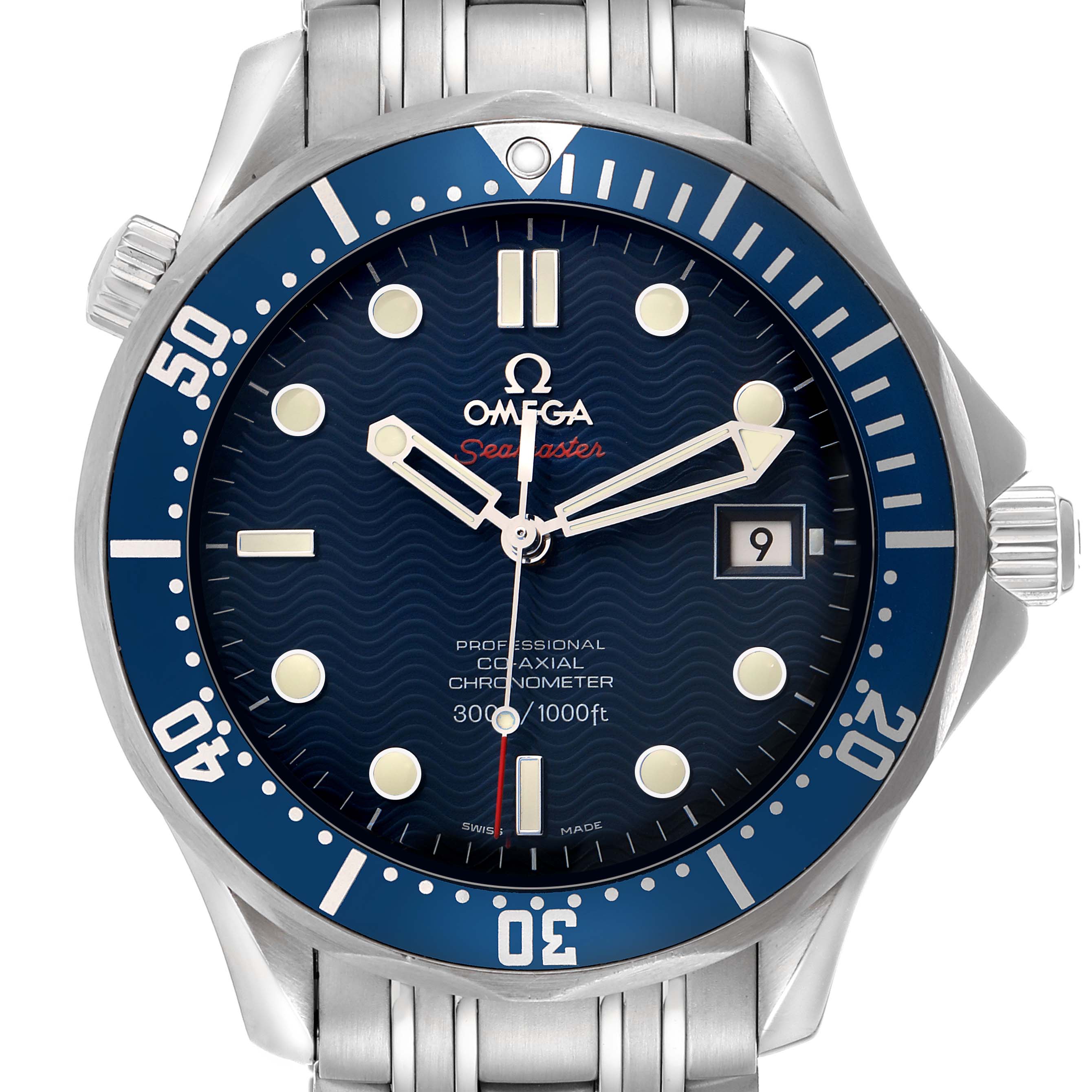 The Omega Seamaster 2220.80.00 Men
s Stainless Steel Blue Dial watch is shown from a front angle, highlighting the dial, bezel, and part of the bracelet.