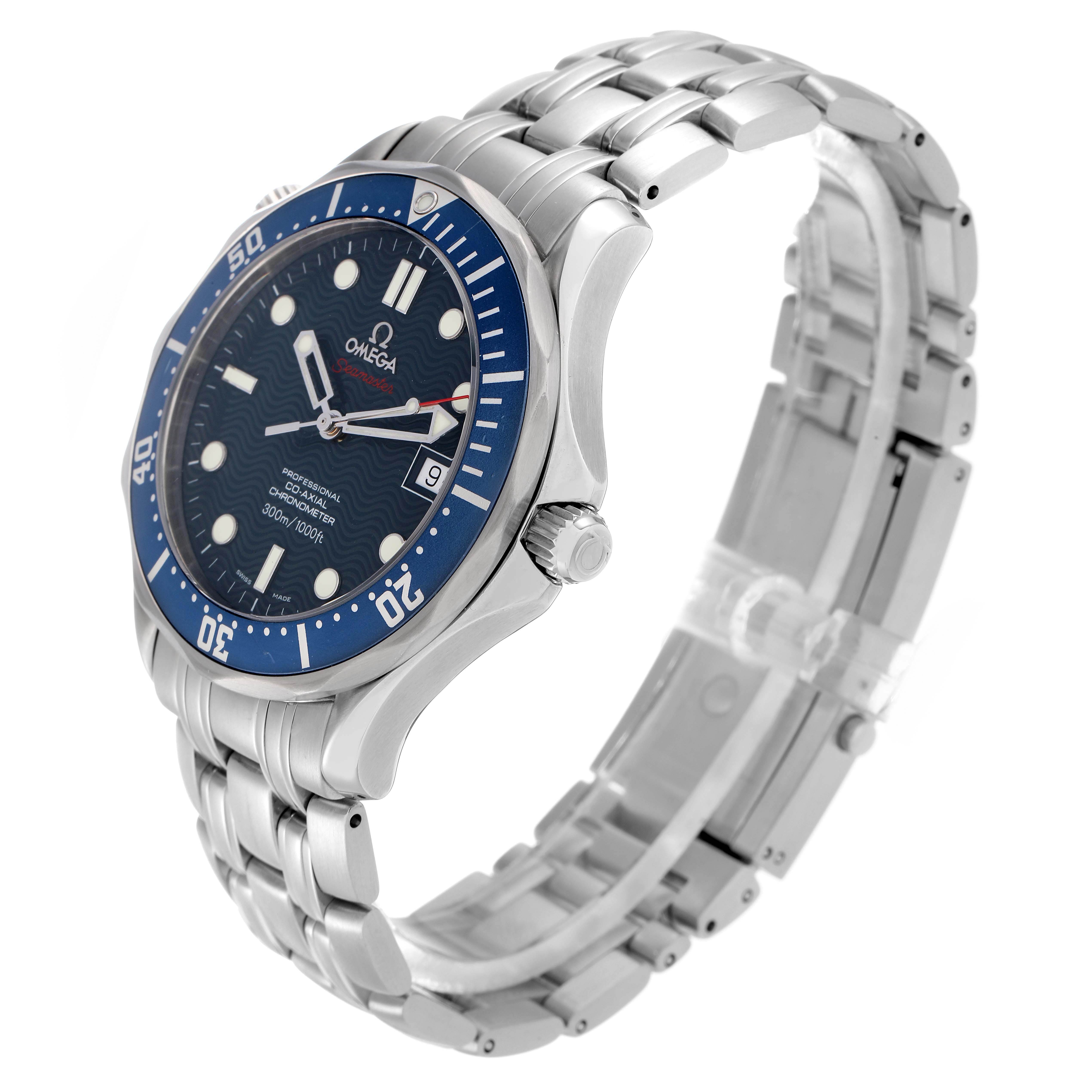 The Omega Seamaster 2220.80.00 Men
s Stainless Steel Blue Dial watch is shown at a three-quarter angle, highlighting the face, bezel, crown, and bracelet.