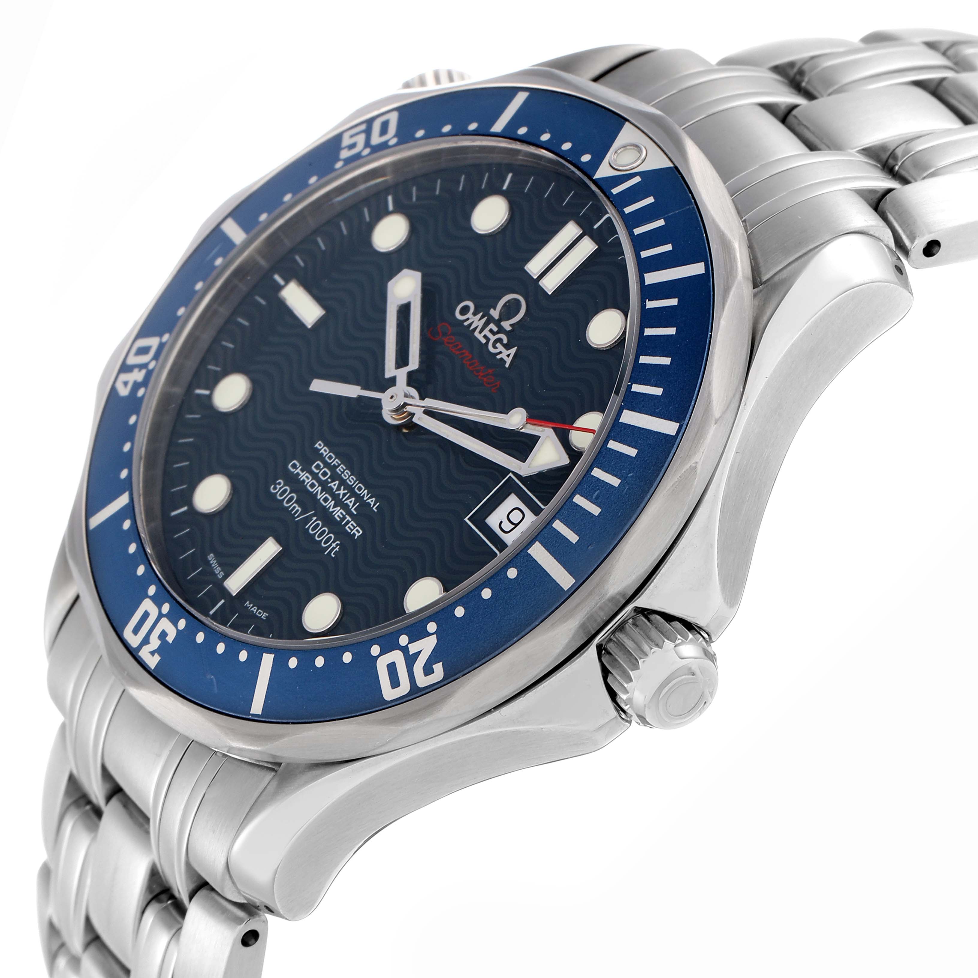 The Omega Seamaster 2220.80.00 Men
s Stainless Steel Blue Dial watch is shown at a slight angle, highlighting the bezel, dial, crown, and part of the bracelet.