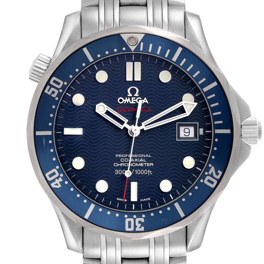 The Omega Seamaster model 2220.80.00 is shown from a front angle, displaying the face, bezel, crown, and part of the stainless steel bracelet.
