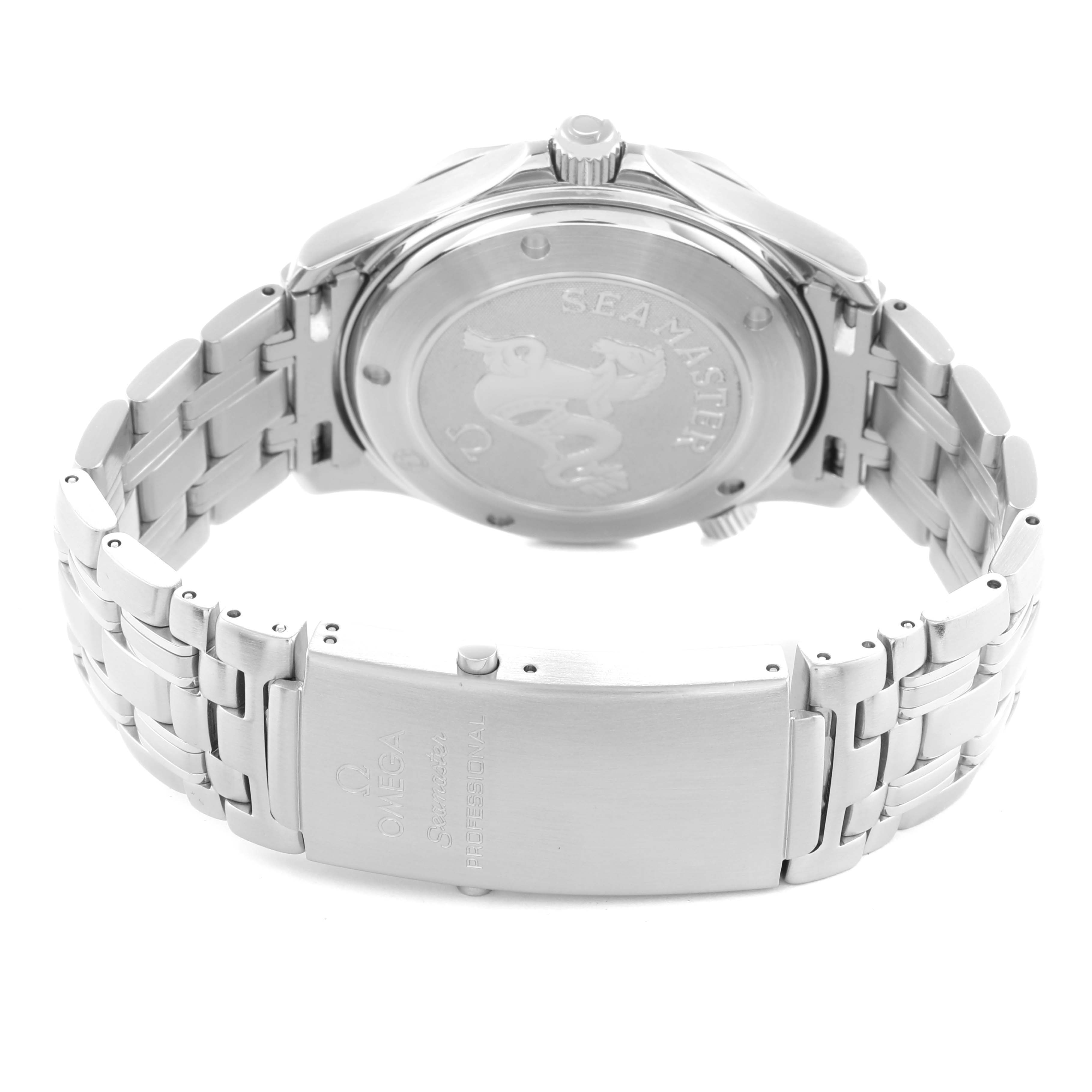 The Omega Seamaster 2220.80.00 Men
s Stainless Steel Blue Dial watch is shown from the back, displaying the case back and bracelet clasp.