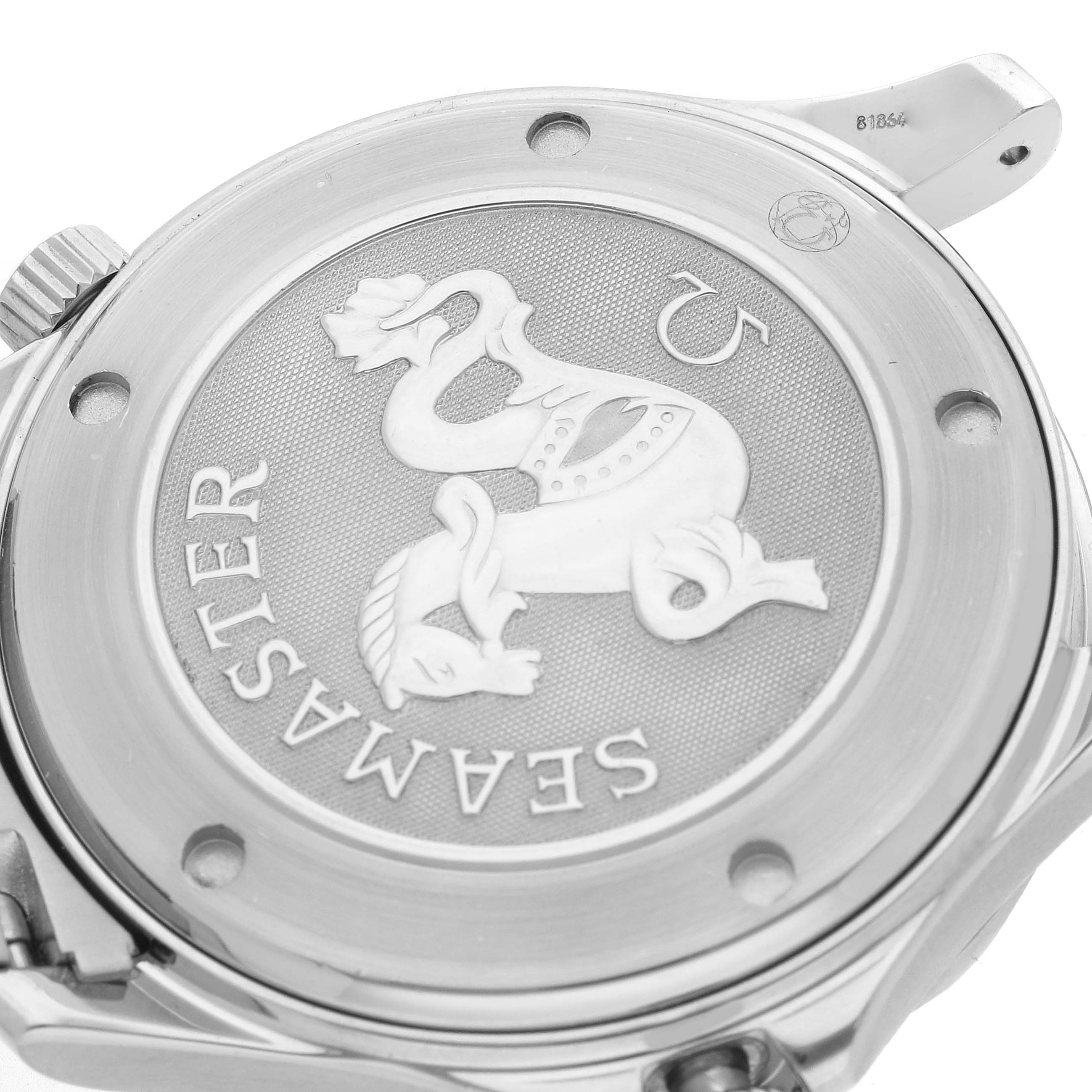 The image shows the back case of the Omega Seamaster 2220.80.00 Men
s Stainless Steel Blue Dial, highlighting its engraved emblem and texture.