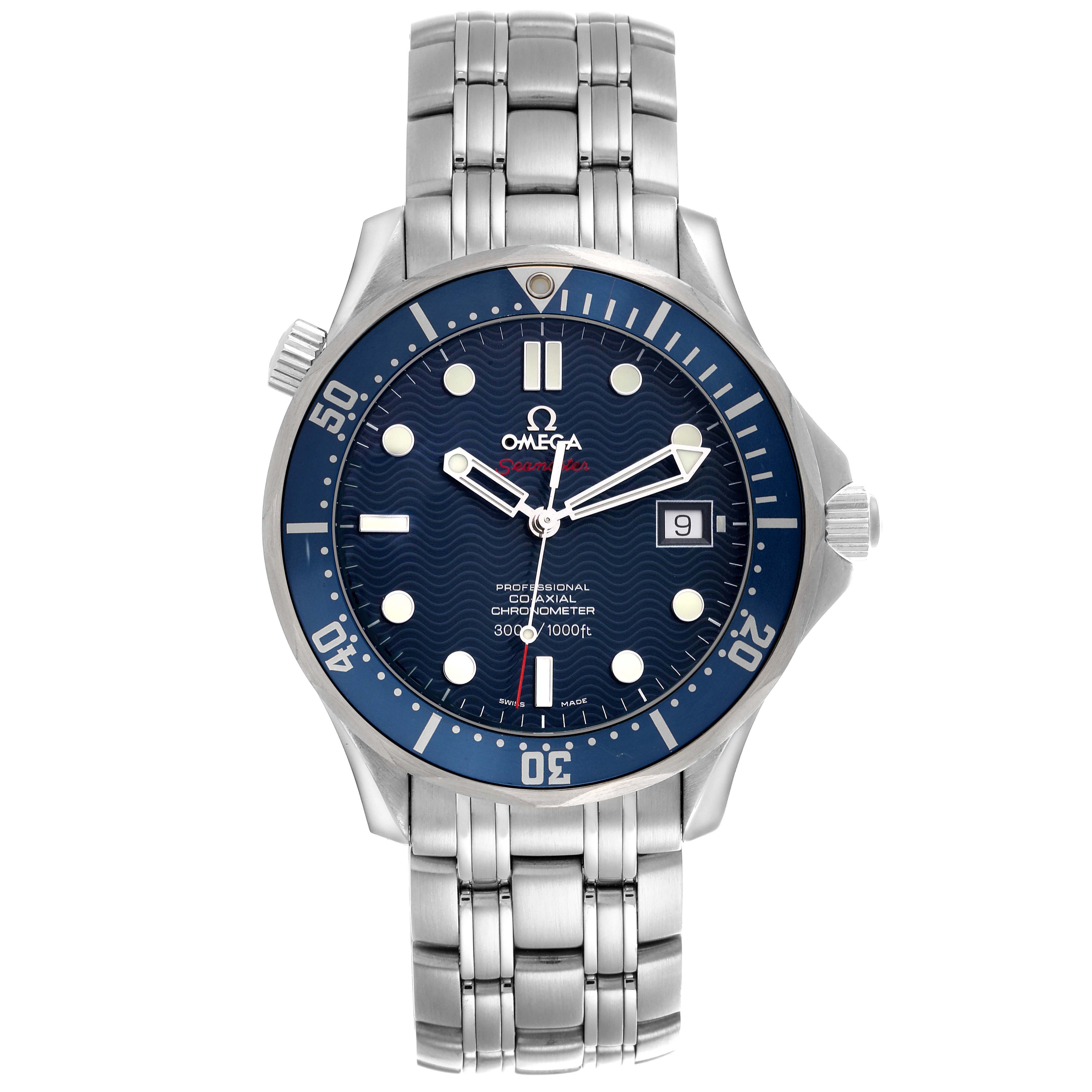 The Omega Seamaster 2220.80.00 Men
s Stainless Steel Blue Dial watch is shown from a front angle, highlighting the dial, bezel, and bracelet.