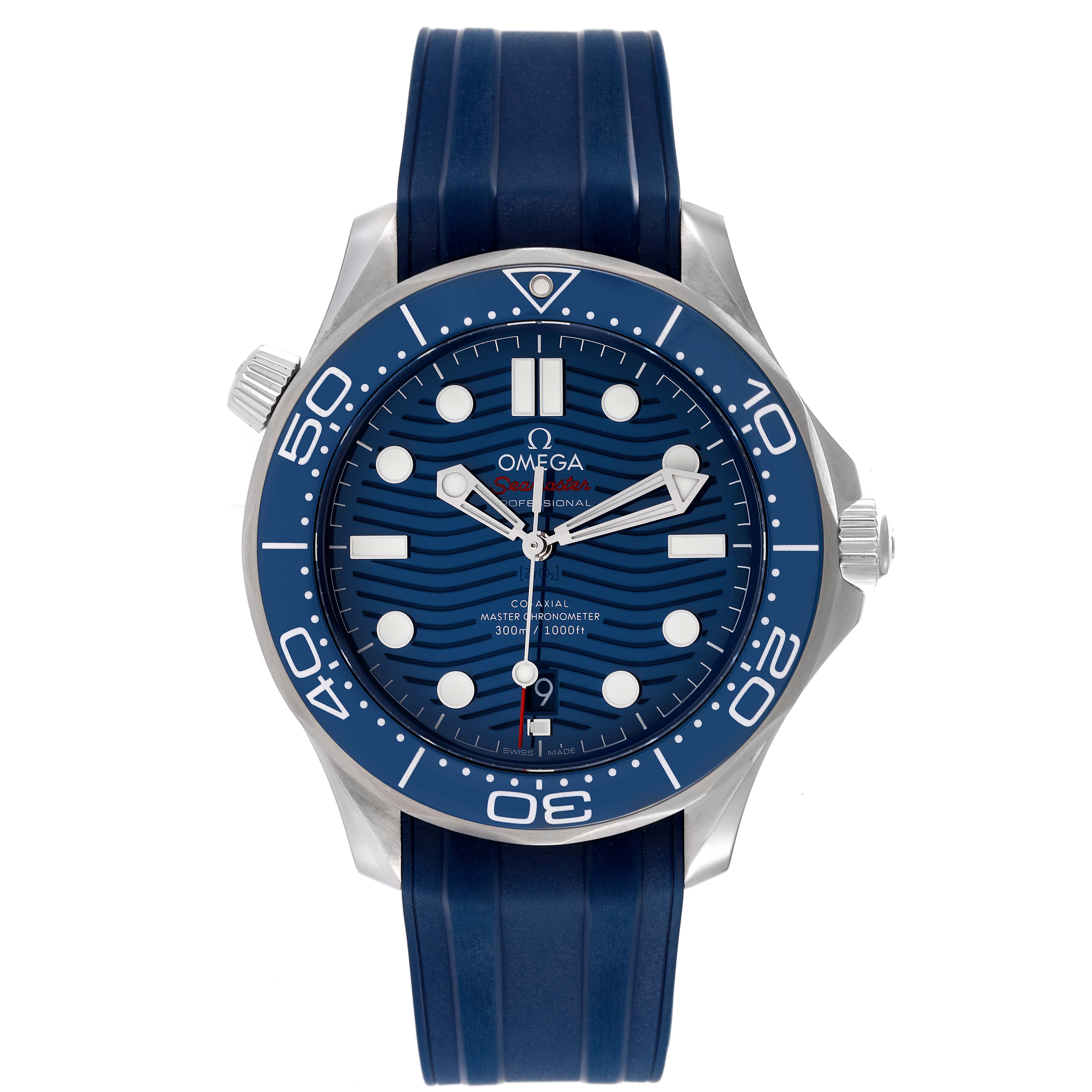 The image shows a frontal view of the Omega Seamaster 210.32.42.20.03.001 Men
s Stainless Steel Blue Dial 210.32.42.20.03.001 Men
s Stainless Steel Blue Dial watch, displaying its blue dial, bezel, and rubber strap.