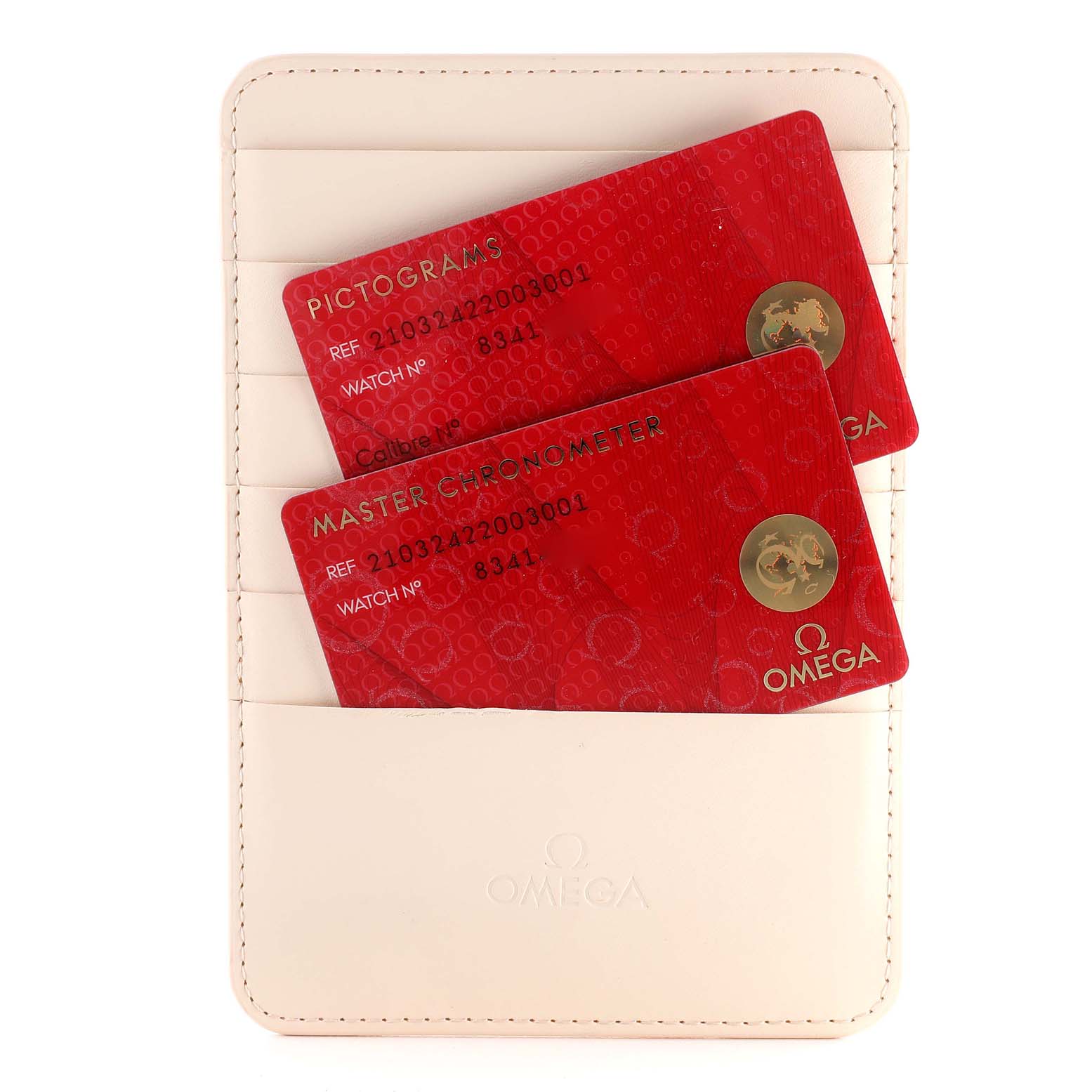 The image shows the Pictograms and Master Chronometer cards for the Omega Seamaster 210.32.42.20.03.001 Men
s Stainless Steel Blue Dial 210.32.42.20.03.001 Men
s Stainless Steel Blue Dial model in a cream cardholder.