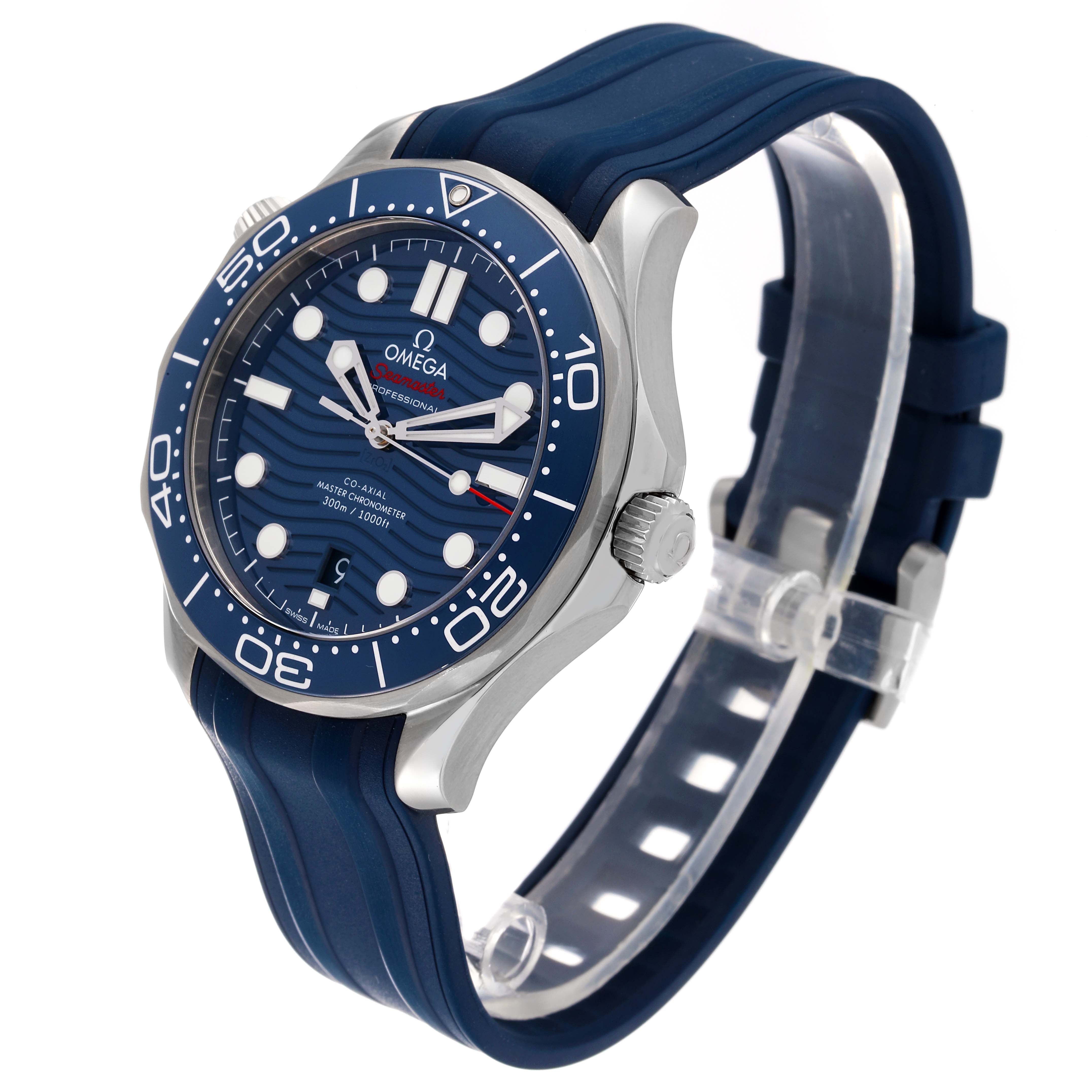 The Omega Seamaster 210.32.42.20.03.001 Men
s Stainless Steel Blue Dial 210.32.42.20.03.001 Men
s Stainless Steel Blue Dial watch is shown at a slight angle, highlighting its blue face, bezel, and strap.